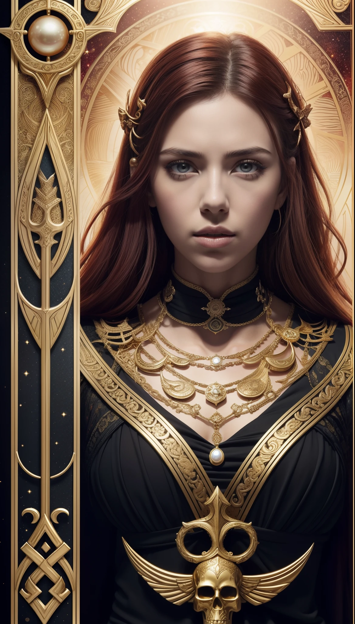 tarot cards，Full tarot border，(The image is surrounded by a tarot card-style border:1.8), (Slender head)scarlettJohansson （Scarlett Johansson） Portrait of a 32-year-old，，Hades，（Wearing：black toga，Armed with a giant scythe，），Great giants，angry look，(Hairstyles: with curly red hair，)，Roman mythology，8k wallpaper,finely quality eyes，Right eyes，correct hand， Ultra-detailed, Beautiful and aesthetically pleasing, tmasterpiece, best qualityer, (s fractal art: 1.3), mountain ranges, extremely detaile, dynamic angle, Cowboy shot, The most beautiful forms of chaos, elegant, Fauvistdesign, vivd colour, romanticism lain, volcanoes,hell, Buble, shells, Blood, pearls，magma,火焰, Libra, skulls, Hold the giant scythe，Vintage style，（zentangle，datura，Tangles，entangled）， (s fractal art: 1.3)，holy rays，gold foil，Gold leaf art，glitter drawing，Full tarot border，（Full border 1.5），Fang Yi，（The border is centered at 1.8），delicated face，Correct body structure，