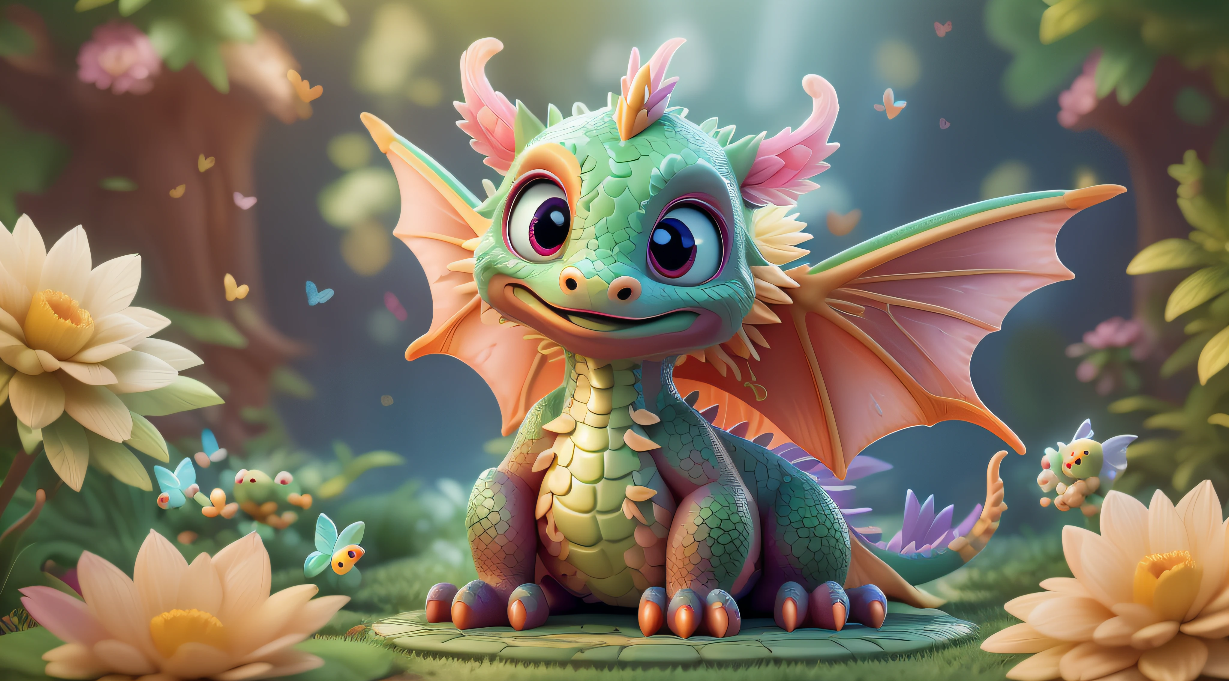 Little cute dragon with big shiny eyes and symmetrical wings sitting among flowers, A butterfly sits on the dragon's nose, Beautiful fairytale picture, Magic Dragon, Gentle background, bright light, joying, 3D анимация, a lot of details, 8k