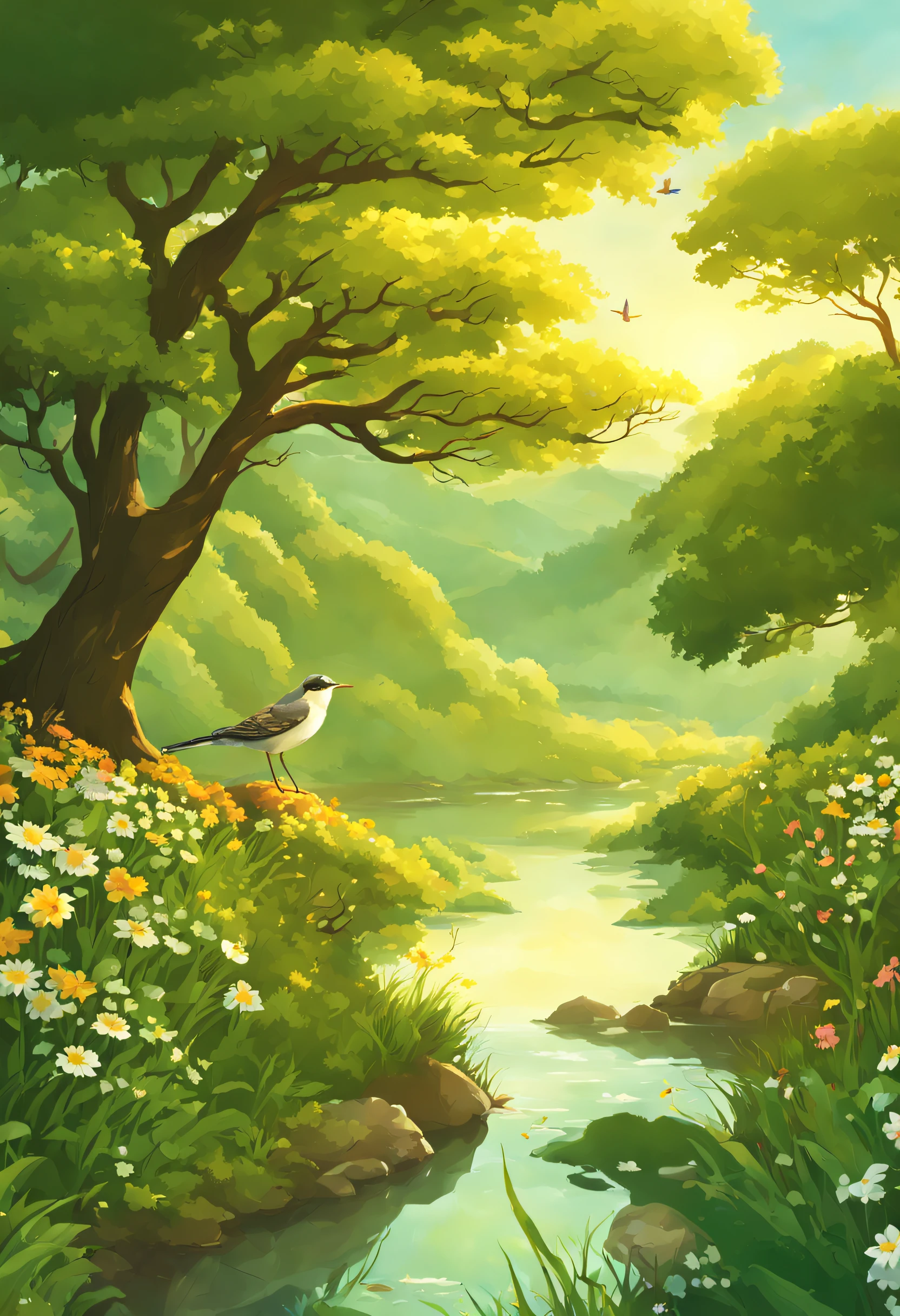 Em um vale verdejante, um rio cristalino serpenteia entre as colinas. Leafy trees and wildflowers adorn the banks, Inviting the birds to sing. Ao longe, o sol brilha sobre as montanhas nevadas, reflecting God's grace and goodness. imagem estilo anime