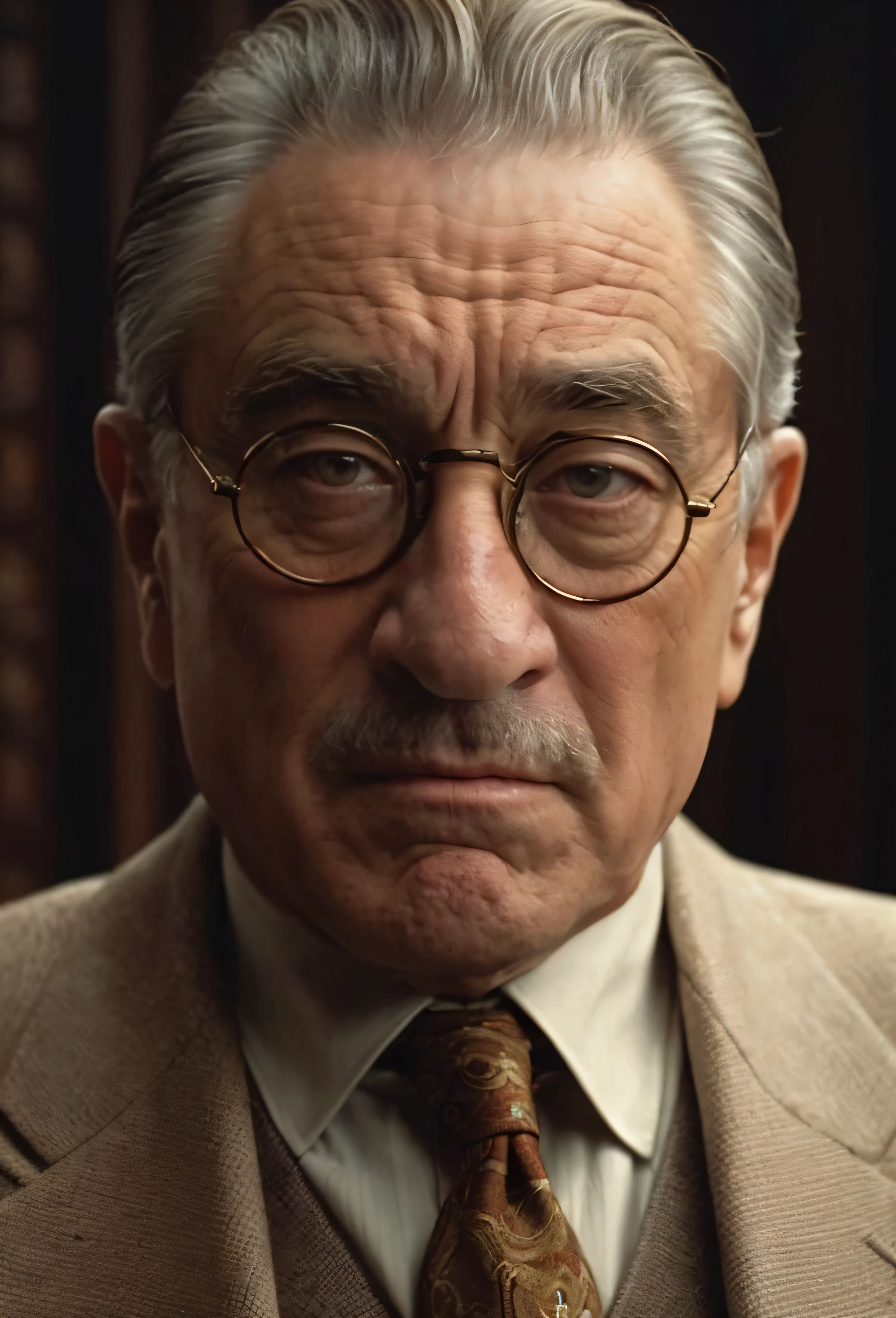 DeNiro1024, a man in a beige vintage suite, small round glasses, farwest background, detailed eyes, photography, highly detailed, sharp focus, trending on artstation, studio photo, intricate details, highly detailed, by greg rutkowski