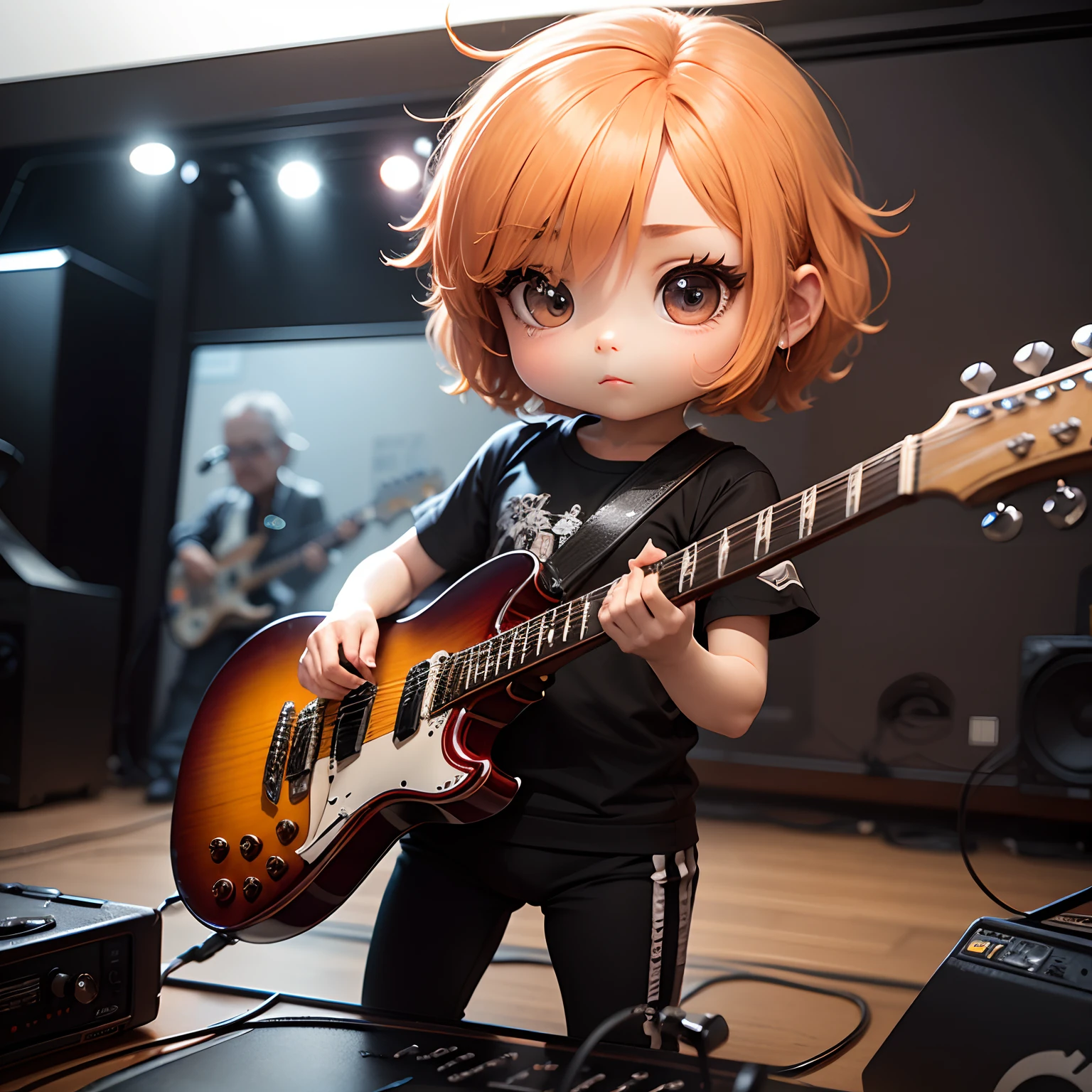 masterpiece、top-quality、ultra-detailliert、(Chibi Chara grandfather:1.2)、Guitarist、The Musician、Transparent vinyl training wear、Heavy Metal Live、Standing、fanaticism