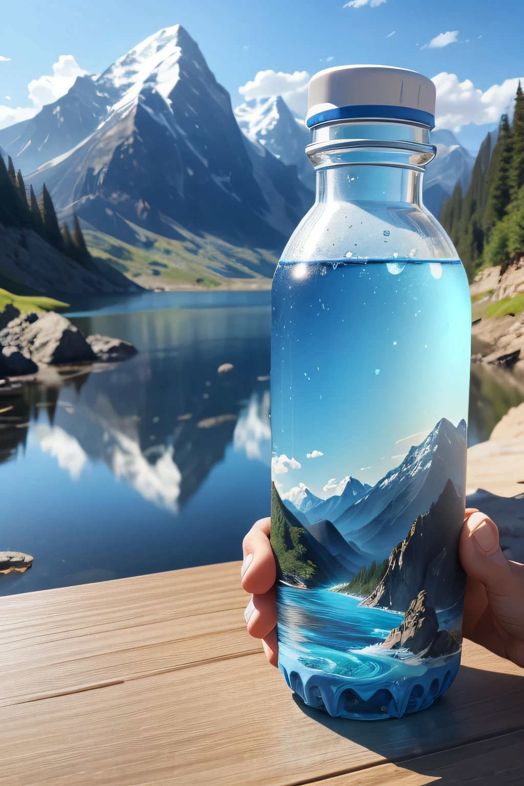 Design a plastic drinking water bottle with a blue look，The bottle should have a pattern of mountains and flowing water，The capacity is 500 ml
