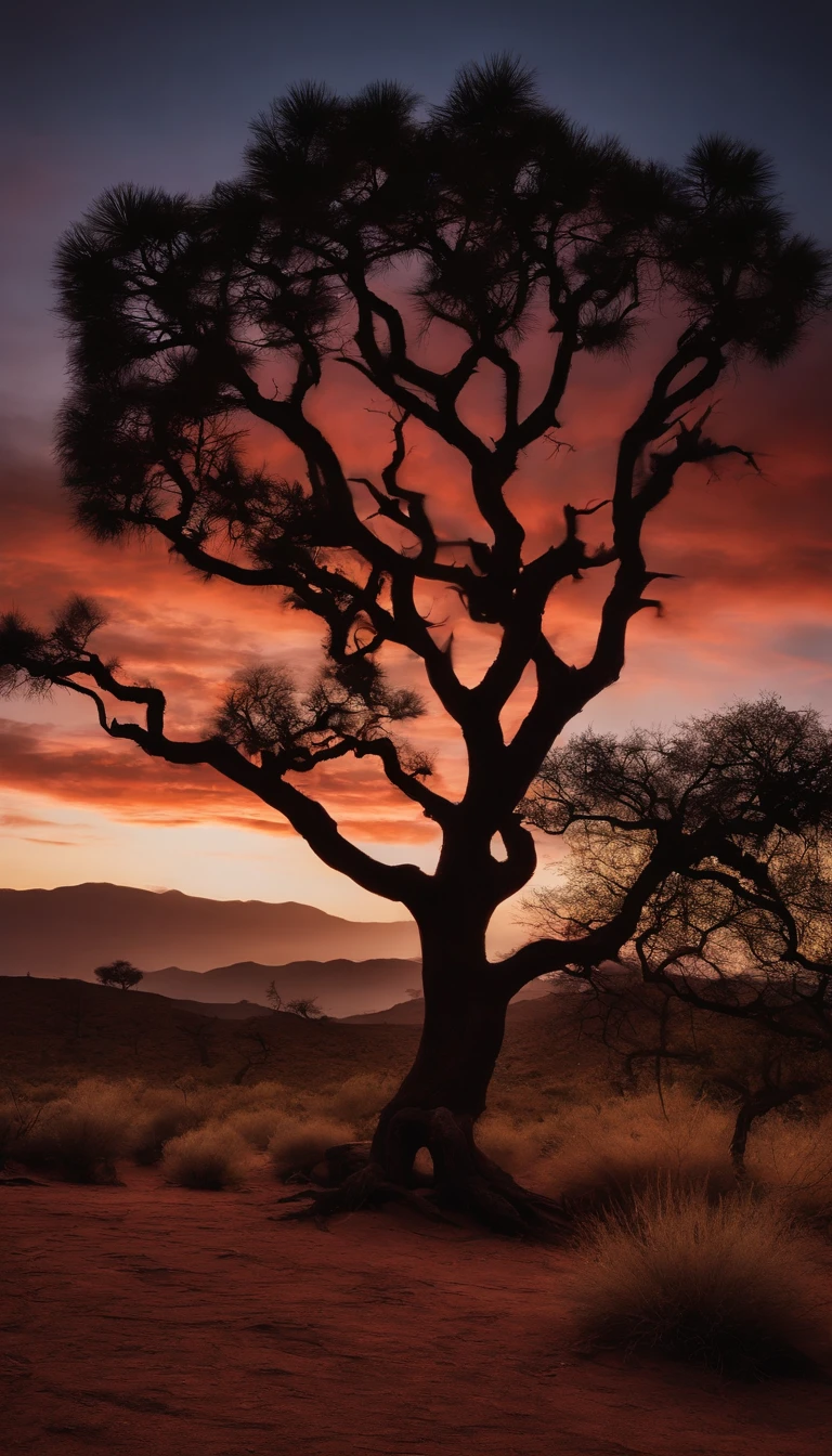 Full moon in the sky, Silhouette of an imposing cosmic tree, figuras abstratas espalhadas por um terreno baldio, each with a unique style, todos com olhos carmesim brilhantes" Uma cena surreal e iluminada, Where the sky bleeds crimson, casting an ominous glow over the desolate landscape. The silhouette of a colossal cosmic tree stretches towards the heavens, Its branches twisting and reaching like tendrils from another world. In the middle of the barren desert, Uma infinidade de figuras abstratas emerge, their shapes taking on various shapes and sizes. Alguns aparecem como criaturas retorcidas, seus corpos contorcidos e malformados, while others manifest as ethereal specters, Its translucent shapes hovering above the ground. They all share one striking feature - eyes that emanate a sinister crimson light, Breaking through the darkness. The atmosphere is dense with an otherworldly presence, a sense of foreboding that permeates the air. captured with a vintage camera, The photo exhibits a dreamlike quality. Tiro com um Leica M7, usando um filme de cor vibrante como o Kodak Ektar 100, The image is bathed in rich tones, Intensifying the liveliness of the blood-red sky. Uma lente grande angular, como um Leica Summilux-M 35mm f/1.4, was employed to encompass the vastness of the scene, allowing the towering cosmic tree to dominate the frame. Techniques such as long exposure were used to capture the ethereal movements of the multitude of abstract figures, blurring their shapes and adding a touch of surrealism to the composition. Unlikely collaborators who would uniquely juxtapose themselves in this scene include visionary director Guillermo del Toro, renomado diretor de fotografia Roger Deakins, avant-garde photographer Cindy Sherman, O estilista Alexander McQueen, e o cineasta experimental David Lynch. Their distinctive artistic visions and approaches
