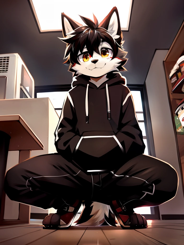 author: zackary911, (Coffee Soda: 1.1), hioshiru, zackary911, wolf, humans, boy, bara, Tight black hoodie, body hair, Look up, see-through., From a small point of view., (He's looking down at the tiny.), curvy thighs, huge thighs, Beep, Lean down., squat, low angle, paw, Scary