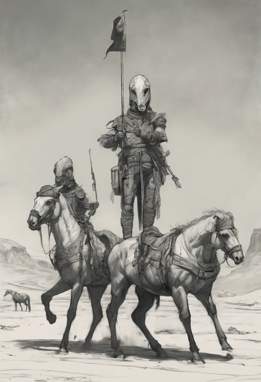 strange funny creatures from an ancient bestiarium, in style of mixpnk style, scribbly scribbles pen and ink small line pencil sketch alien rebels on skinny horses is holding a sign with the text "MINT BY REQUEST" intricate details and precisely drawn in style of Jeremy Mann