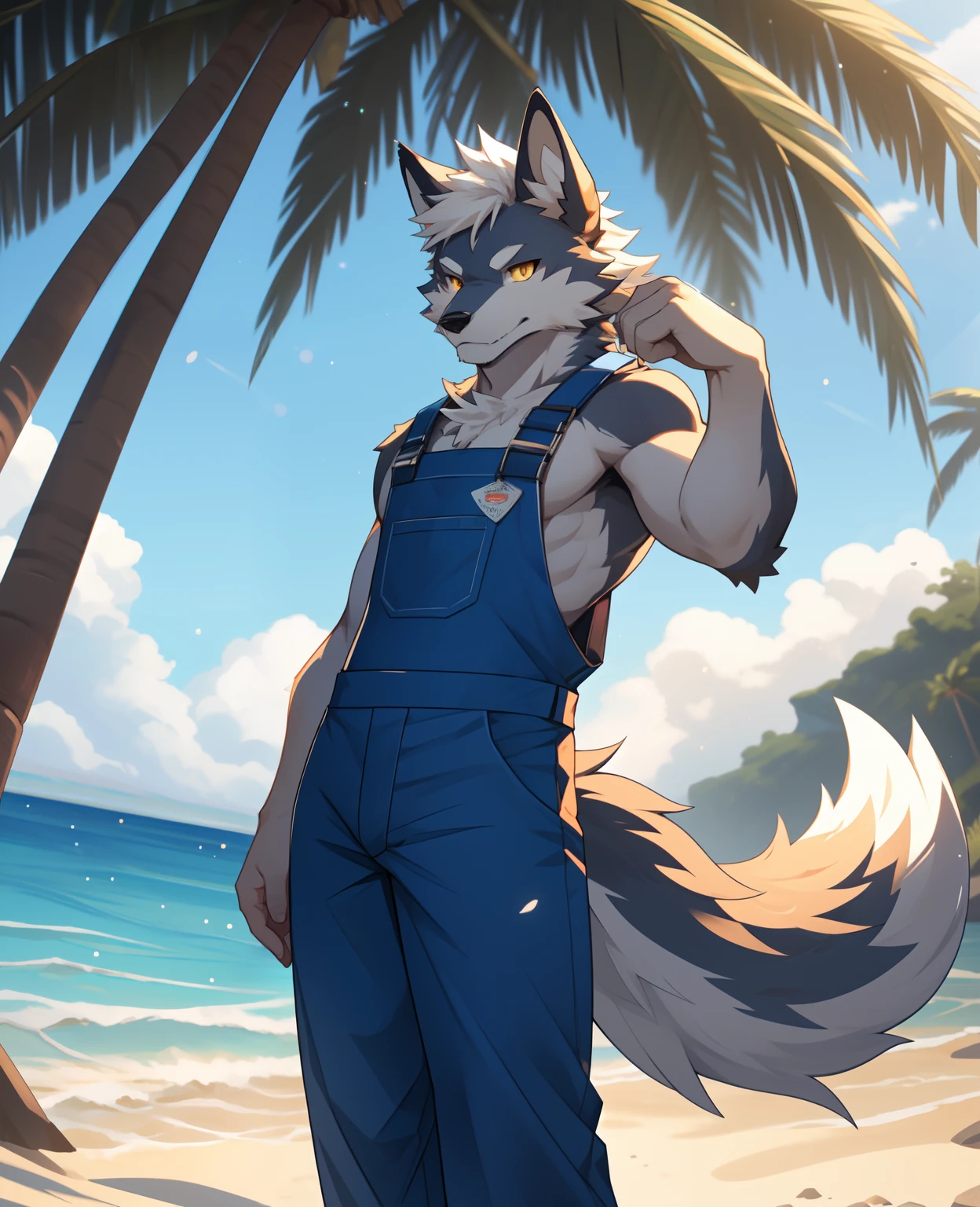 solo person,White body,White ears,White hair,Overall white,Orange-yellow eyes,Wolf tail,Wolf orcs,Young,Ultra-clear screen,Soft lines, Perfect lighting, Light particles,(Best quality),(Masterpiece),(Ultra detailed),Sharp focus,Light particles, Detailed background,sea beach,swim wears,shorter pants,looking to the camera