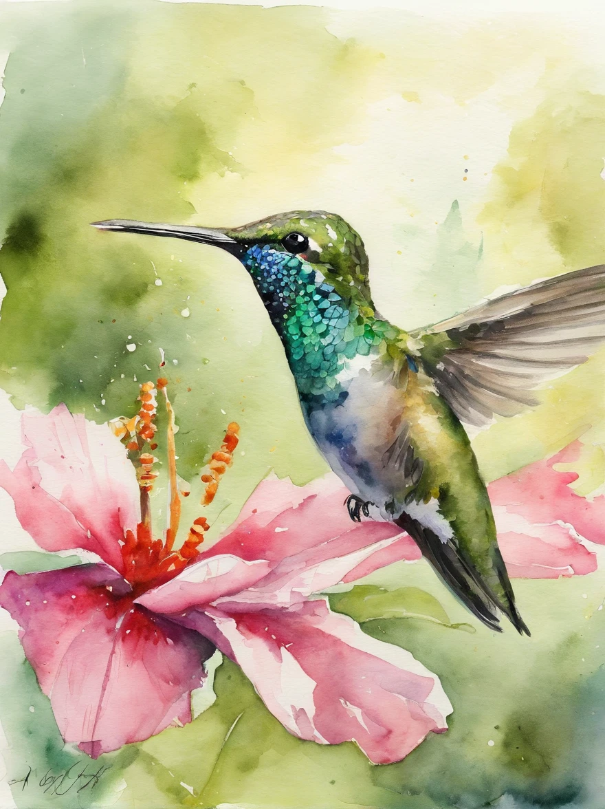 Watercolor painting of a humming bird : : Trending on Artstation: : Simple composition creates a sense of order and harmony. The painting reflects the spiritual qualities of the natural world. --up light --ar 9:16