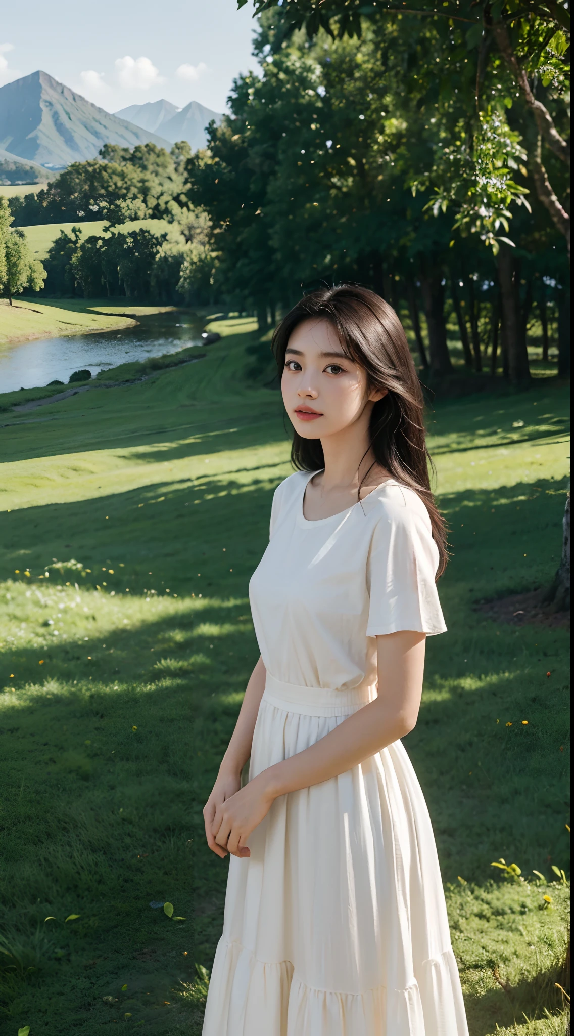 High-res, Realistic portrait by the river in the countryside,A perfect-skinned amateur,stand posture,Looking out at the mountains in the distance,Vista full body,sideface,Long black hair,Show confidence and maturity, Longing for freedom and beauty,Surrounded by the atmosphere of the countryside, Vibrant and naturally lit highlights. The artwork should emphasize her elegant facial features, Including charming long eyes, Fluttering eyelashes and seductive lips. The scene should be enhanced with elements of professionalism and visual appeal,For example, Green savannah, Mainframe computers, High-resolution display, and complex trees,grass, The overall tone should be warm and professional, Has a soft and natural color palette. The artwork should exude a sense of professionalism, Success, and cultural pride,The background is slightly blurred,Highlight the characteristics of the characters and the realism of the background,Wear a white summer t-shirt,There are also long white dresses,A gentle breeze blows the fluttering nature of the long skirt