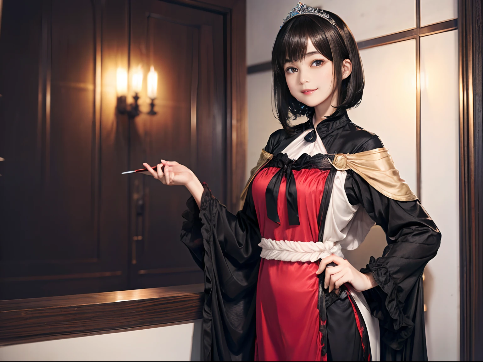 67
(a 20 yo woman,is standing), (A hyper-realistic), (masutepiece), ((A dark-haired、short-hair:1.3)), (Silky hair), (Breast:0.5), (kindly smile:0.7), lipsticks, Princess Costume