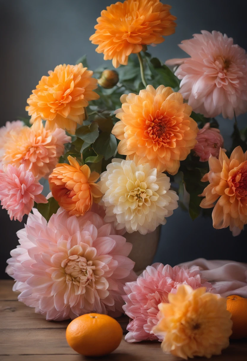 there is a vase with flowers and oranges on a table, a pastel inspired by François Boquet, unsplash, baroque, gorgeous composition, dahlias, paper chrysanthemums, floating bouquets, magical flowers, realistic flowers oil painting, soft and intricate, glorious composition, the platonic ideal of flowers, beautiful composition, still life photography, pink yellow flowers