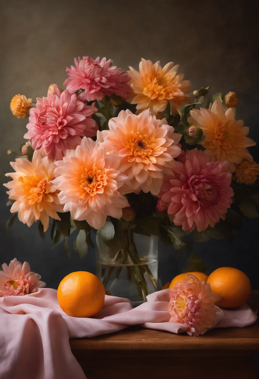 there is a vase with flowers and oranges on a table, a pastel inspired by François Boquet, unsplash, baroque, gorgeous composition, dahlias, paper chrysanthemums, floating bouquets, magical flowers, realistic flowers oil painting, soft and intricate, glorious composition, the platonic ideal of flowers, beautiful composition, still life photography, pink yellow flowers