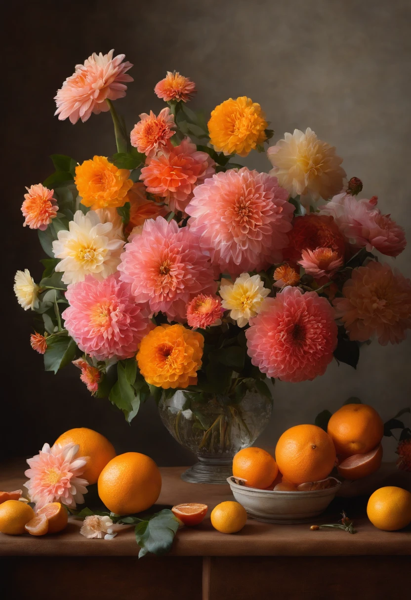 there is a vase with flowers and oranges on a table, a pastel inspired by François Boquet, unsplash, baroque, gorgeous composition, dahlias, paper chrysanthemums, floating bouquets, magical flowers, realistic flowers oil painting, soft and intricate, glorious composition, the platonic ideal of flowers, beautiful composition, still life photography, pink yellow flowers