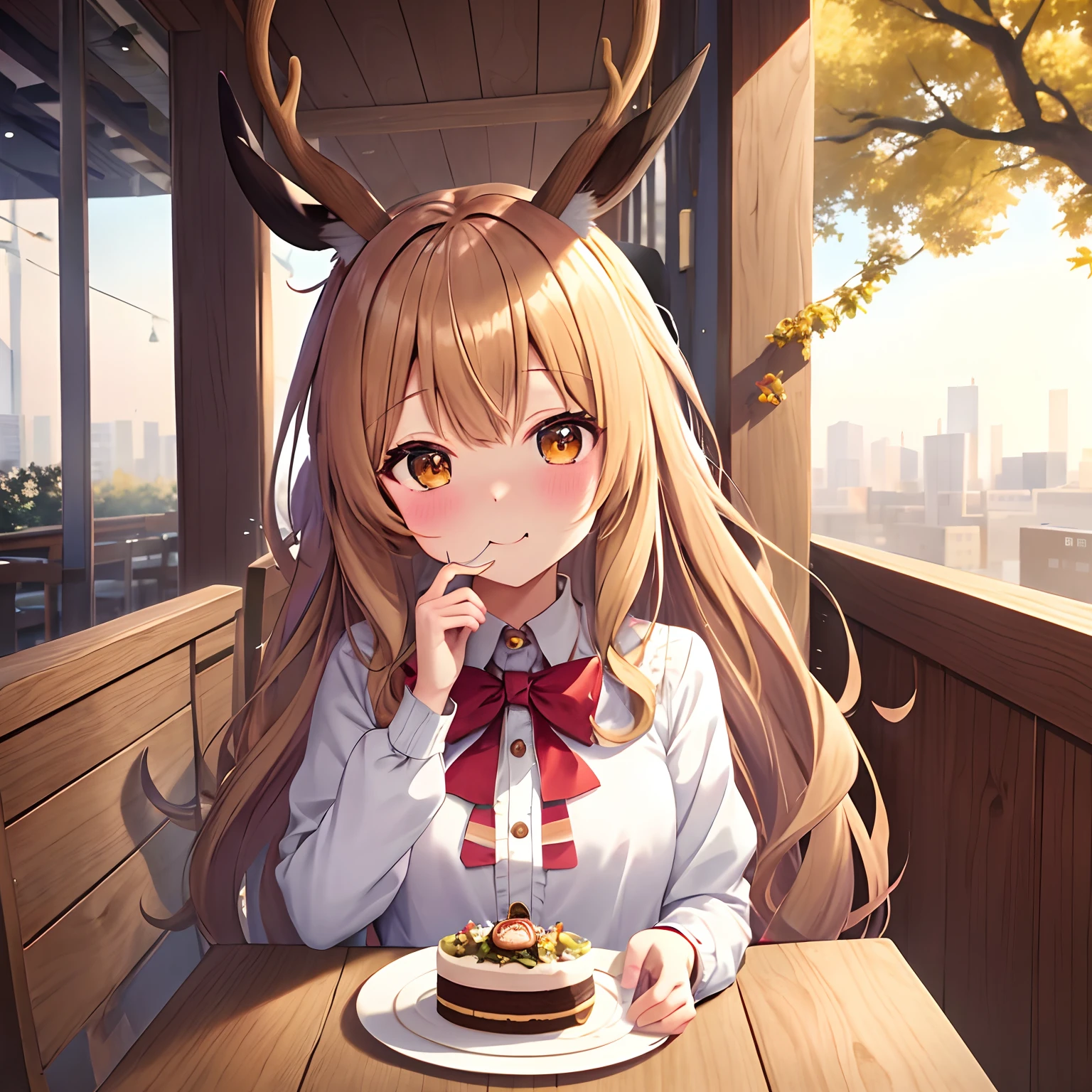 Anime girl sitting at table holding a plate of food, Cute anime girl, 🍂 Cute, Anime visuals of cute girls, mysterious coffee shop girl, short antlers, Cute Anime, cozy cafe background, anime style 4 k, 🍁 Cute, eating cakes, Anime girl with cat ears, (Anime Girl), portrait of cute anime girlbabes, cute anime style, Cheek cane, Lori, Look at me with love, Stag hat, at noon, Soft smile, depth of fields, flat chest