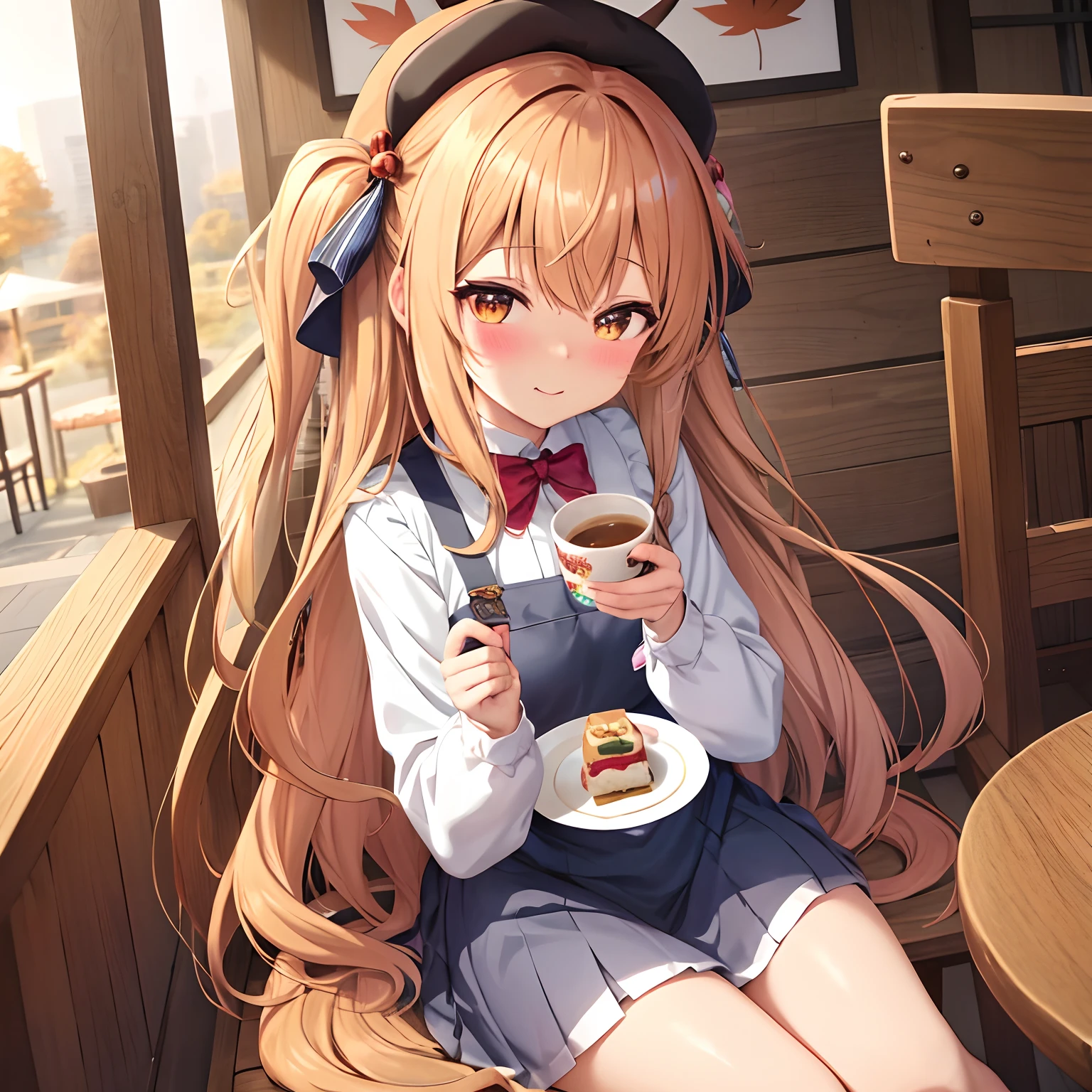 Anime girl sitting at table holding a plate of food, Cute anime girl, 🍂 Cute, Anime visuals of cute girls, mysterious coffee shop girl, short antlers, Cute Anime, cozy cafe background, anime style 4 k, 🍁 Cute, eating cakes, Anime girl with cat ears, (Anime Girl), portrait of cute anime girlbabes, cute anime style, Cheek cane, Lori, Look at me with love, Stag hat, at noon, Soft smile, depth of fields, flat chest