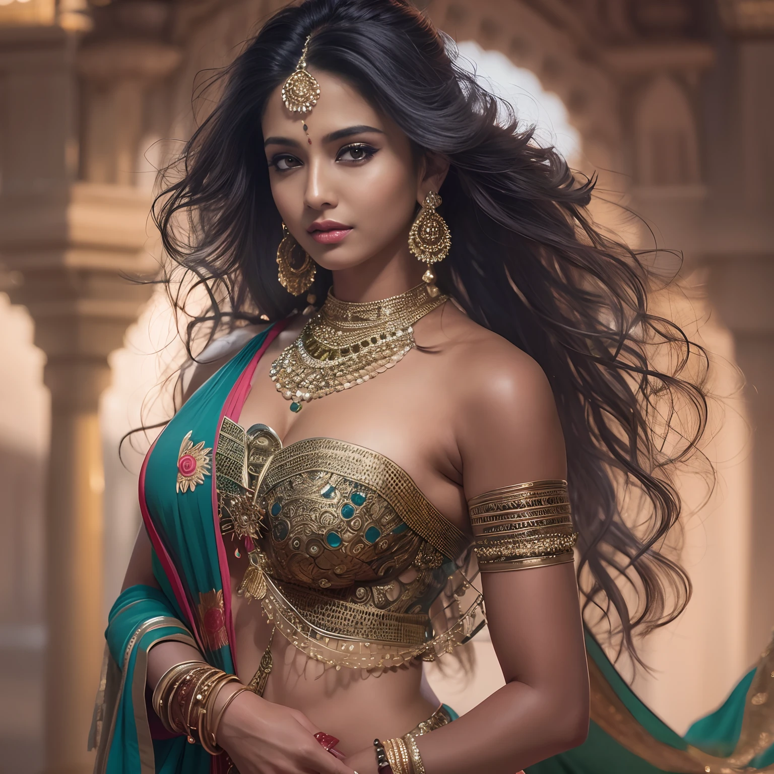a woman in a sari posing for a picture, indian goddess, traditional beauty, indian, beautiful goddess, ornate cosplay, indian style, indian super model, beautiful maiden, gorgeous woman, south east asian with long, provocative indian, gorgeous beautiful woman, intricate outfit, hindu aesthetic, beautiful asian girl, extremely detailed goddess shot, jaw-dropping beauty, big boobs deep cleavage sexy navel