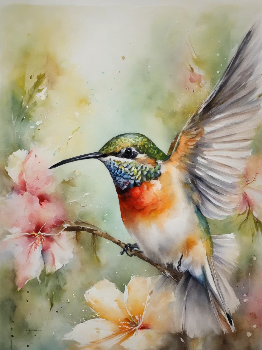 (best quality,4k,highres,masterpiece:1.2),watercolor painting,humming bird,white background,soft brushes,gentle strokes,detailed feathers,vibrant colors,delicate wings,transparent washes,loose style,floral accents,whimsical composition,subtle splatters,naturalistic,realism,light and airy,fluid lines,graceful movement,ethereal beauty,luminous,soft edges,pastel tones,gentle textures,washed out tones