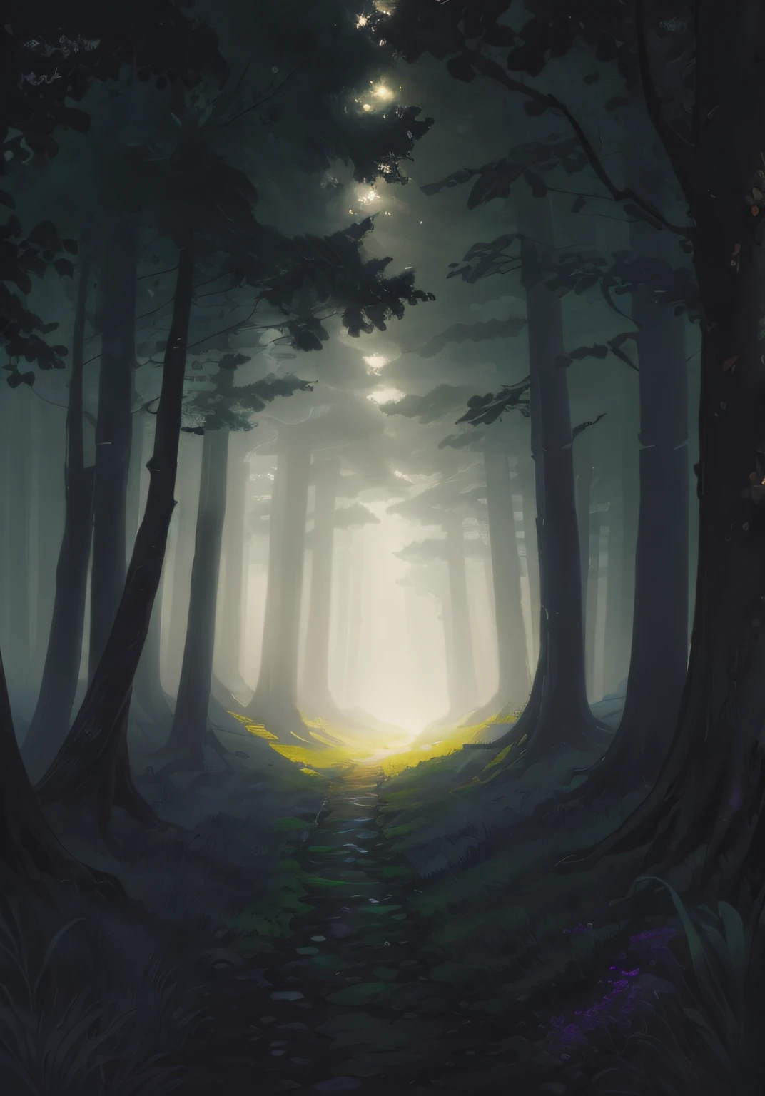 A painting of a path through a forest,There is a light at the end, Deep in the forest, Dark fantasy forest, concept art of a dark forest, surreal forest, glowing forest, forest portal, mysterious and scary forest, a fantasy forest, The forest painting is elegant, an enchanted forest, magical fantasy forest, Mysterious Forest, Fantasy Forest, magical forest backround, a magical forest