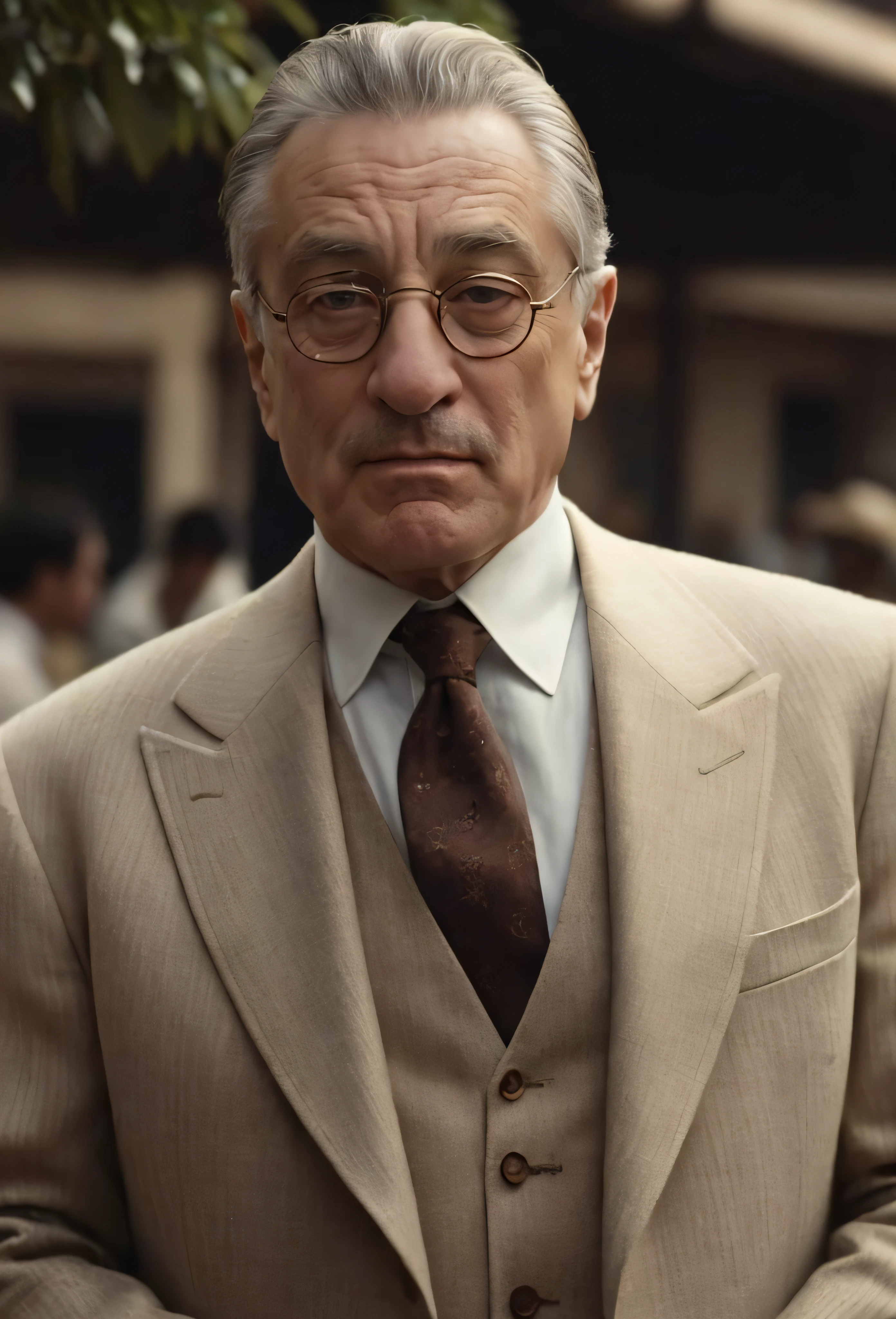 DeNiro1024, full body,  a man in a beige vintage suite, small round glasses, farwest outdoor background, detailed eyes, photography, highly detailed, sharp focus, trending on artstation, studio photo, intricate details, highly detailed, by greg rutkowski