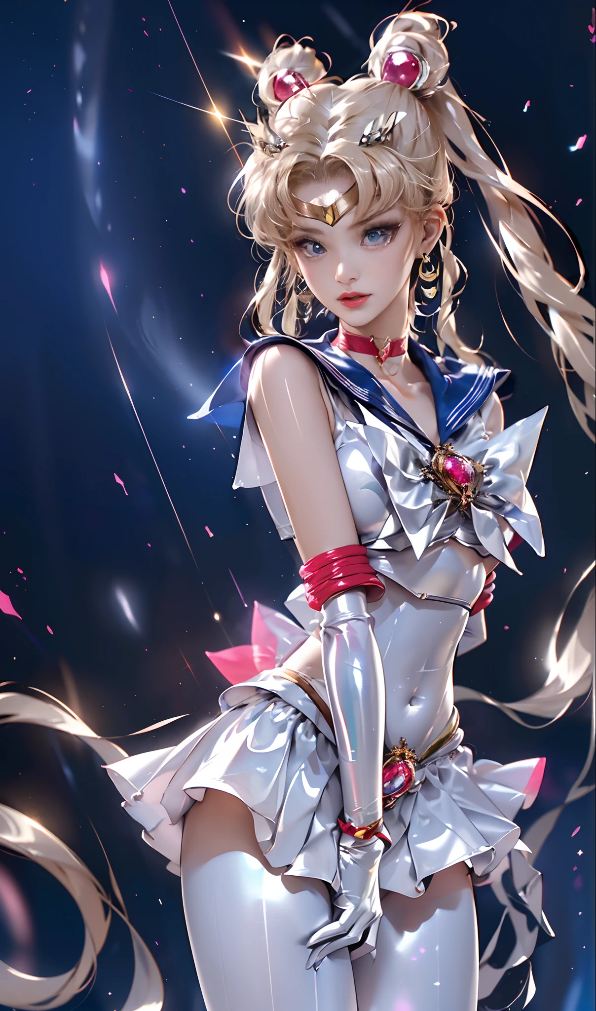 masutepiece, full: 1.3, to stand, 8K, 3D, Realistic, Ultra Micro Photography, of the highest quality, Extreme Details CG Unity 8K Wallpapers, From below, Intricate details, (nsfw:1.2),(1 female), 28 years old, (meishaonv,Sailor Moon,tiarra, Sailor Senshi Uniform Sailor: 1.2, Sailor Moon: 1.2), Incredibly long bright twin-tailed blonde, Thin and very long straight twin tail blonde, Hair bun, Red round hair ornament in a hair bun, Sailor Senshi Uniform, huge tit, (Silver-blue collar, blue sailor collar, Silver blue pre-gate ultra mini skirt: 1.3,Pants are visible,Super High Leg Swimsuit,  very large red bow on the chest,,: 1.3, Long white latex gloves: 1.3, Red gloves on the elbows, very large red bow behind the waist,: 1.1, cleavage looks bigger:1.2, a golden tiara, earrings), (Face Details: 1.5, Bright blue eyes, Beautiful face, Beautiful eyes, shiny eyes, thin lips: 1.5, thin and sharp pale eyebrows, long dark eyelashes, Double eyelashes), Luxurious Golden Jewelry, Thin, thin and muscular,,, a small face, Perfect proportions, thin waist, SEXY Model Pose, Visible Pore, Seductive smile, Perfect hands: 1.5, Very thin and fitting high gloss silver-white holographic leather, Octane Rendering, highly dramatic picture, Strong natural light, Sunlight, exquisite lighting and shadow, Dynamic Angle, Digital SLR, Sharp Focus: 1.0, Maximum clarity and sharpness, (Space background,Moon, dynamic background, Detailed background),(Rabbit, Double bun, Twin-tailed, Parted bangs, circlet, Jewelry, earrings, Choker, Red bow, White Gloves, elbow groves, Blue skirt
),nffsw