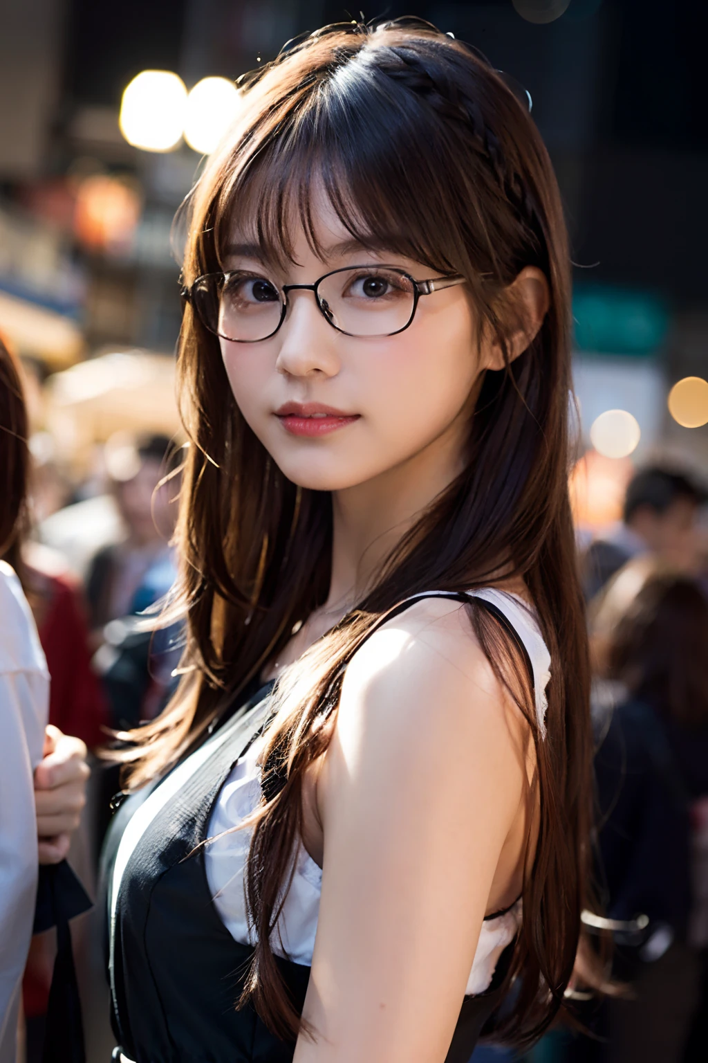 8K、Raw photography、top-quality、masterpiece、realisitic、Photorealsitic、ultra-detailliert、超A high resolution、女の子1人、see the beholder、beautifull detailed face、Constriction、Slim waist、White summer clothes、Beautiful detailed skin、Skin Texture、Floating hair、Professional Lighting、Downtown at night、((Black glasses)) 、Brown hair