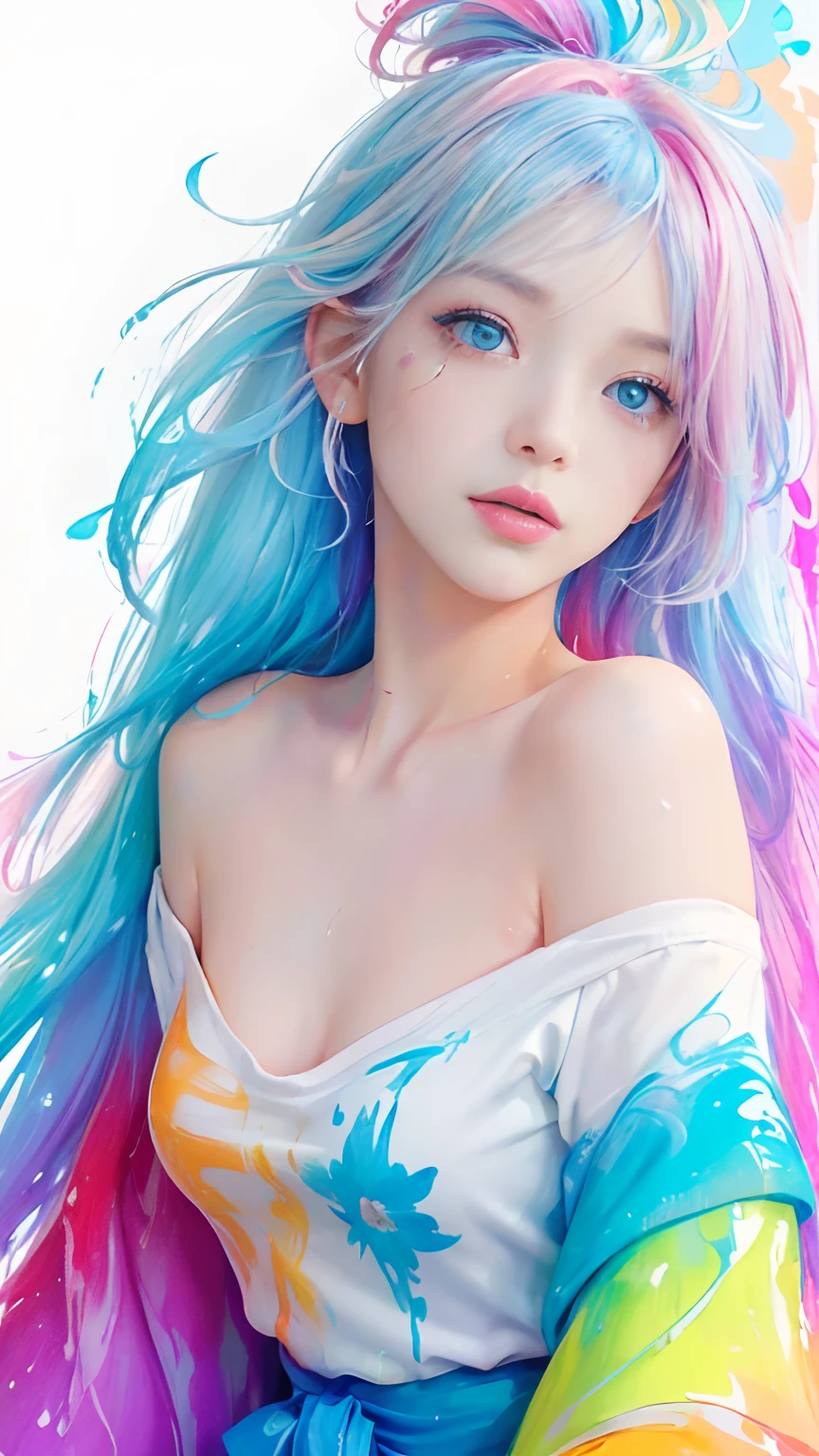 (Pink Fashion T-shirt:1.9),(Colorful hair: 1.8), (all the colours of the rainbow: 1.8),(((((vertical painting:1.6))), (painting:1.6),front, comics, illustrations, paintings, large eyes, crystal clear eyes,( rainbow color gradient high ponytail:1.7), exquisite makeup, closed mouth,(Small Fresh: 1.5),(Wipe Chest: 1.6) ,long eyelashes, white off shoulder T-shirt, White Shoulder Shirt,looking at the audience, large watery eyes, (rainbow colored hair:1.6), color splash, (solo:1.8), color splash, color explosion, thick paint style, messy lines, ((shining)),(colorful), (colorful), (colorful), colorful, Thick Paint Style, (Splash) (Color Splash), Vertical Painting, Upper Body, Paint Splash, Acrylic Pigment, Gradient, Paint, Highest Image Quality, Highest Quality, Masterpiece, Solo, Depth of Field, Face Paint, colorful clothes, (Elegant: 1.2), gorgeous,long hair, wind, (Elegant: 1.3), (Petals: 1.4),(((masterpiece))),(((best quality))),((ultra-detailed)),(illustration),(dynamic angle),((floating)),(paint),((disheveled hair)),(solo),(1girl) , (((detailed anima face))),((beautiful detailed face)),collar,bare shoulders,white hair, ((colorful hair)),((streaked hair)),beautiful detailed eyes,(Gradient color eyes),(((colorful eyes))),(((colorful background))),(((high saturation))),(((surrounded by colorful splashes))),