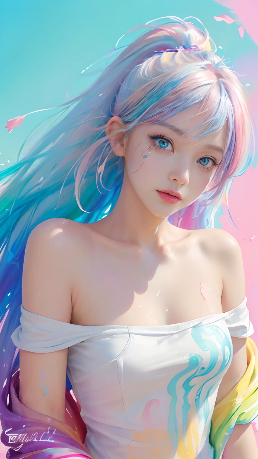 （masterpiece、best quality、high resolution），（Colorful background，（splash of conk splatter，splash of color）），Sweet girl，blue pink medium long hair，[light blue|pink]hair，curls，blue eyes，flash，pink lips，naked ，（Splash color，（white shirt），front，Whole BodyEsbian:0.6，Volumetric lighting，splash of color，Color explosion，Surrounded by colorful splashes