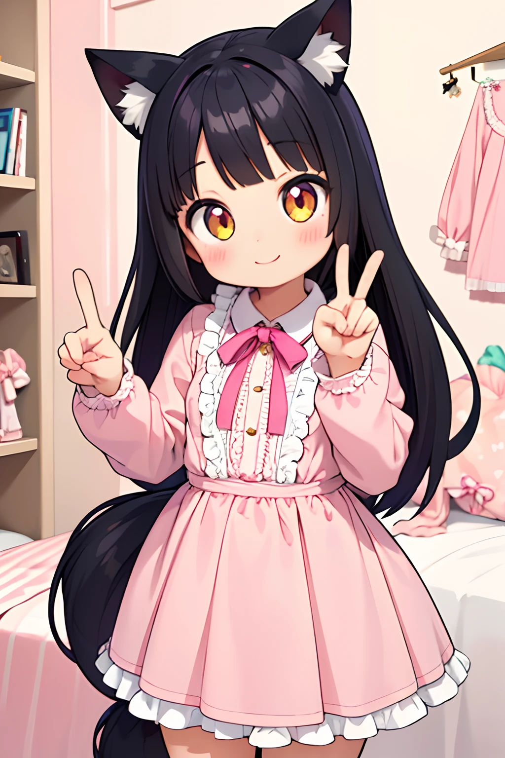 1girll,Cat girl,Animal ears,Tail,view the viewer,Smile,peace signs,pink kawaii room,heart item,ribbon,intricate detailed clothes，Black hair，dual horsetail