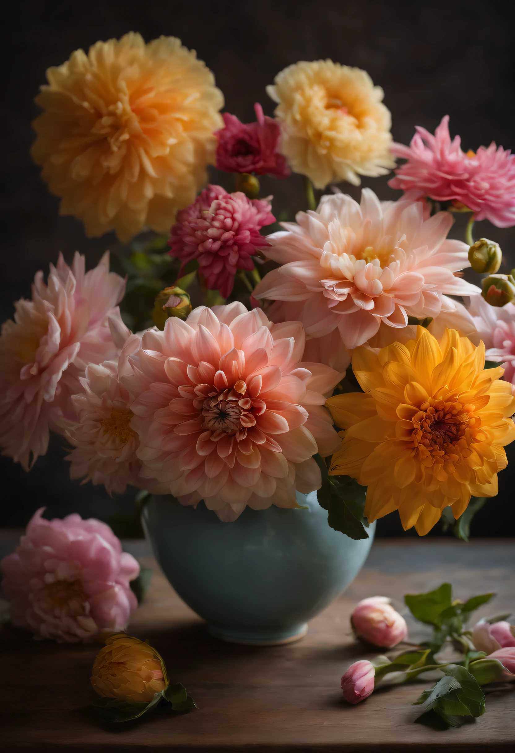 there is a vase with flowers on a table, a pastel inspired by François Boquet, unsplash, baroque, gorgeous composition, dahlias, paper chrysanthemums, floating bouquets, magical flowers, realistic flowers oil painting, soft and intricate, glorious composition, the platonic ideal of flowers, beautiful composition, still life photography, pink yellow flowers