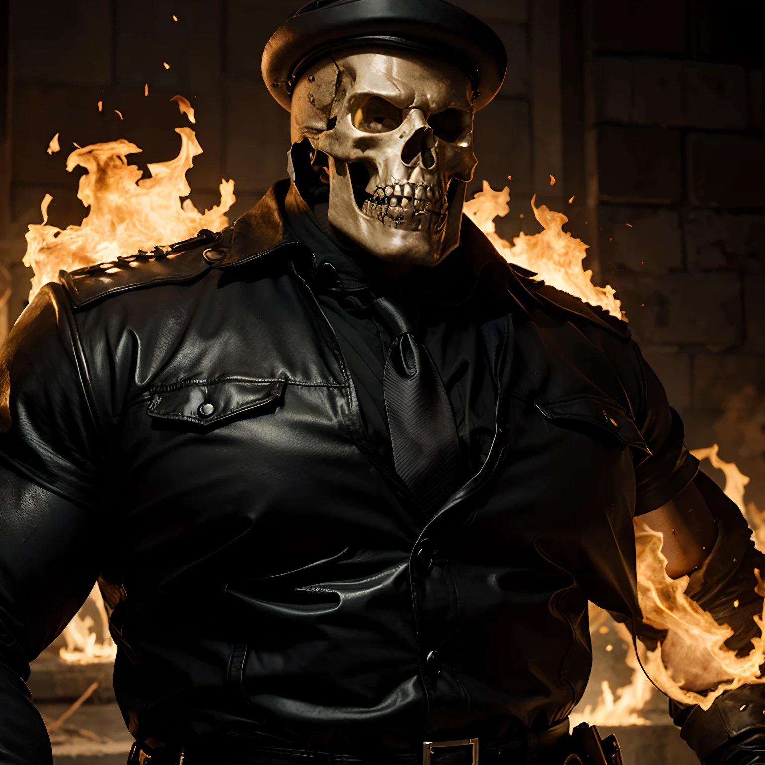 Ghost rider , muscled with huge pecs , huge torso , huge arms , with a skull head like  with fire , as a police officer with a hat and a tie