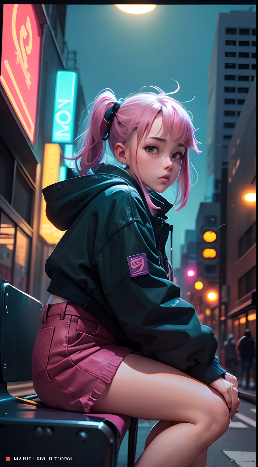 (zero), Woman resting on a chair on the street, Front view, night lights, Neon scenery in the park at night,Analog Color Theme, Lo-Fi Hip Hop , flat, 2.5D ,Draw a line, Ink Drawing, Large gradients, Watercolor painting, Goosch Colors, Studio Ghibli Style, Awesome colorful, Outerwear, Synthwave, lofi art,90s style,Old texture, amplitude,90s vibe, masutepiece, Huge technology