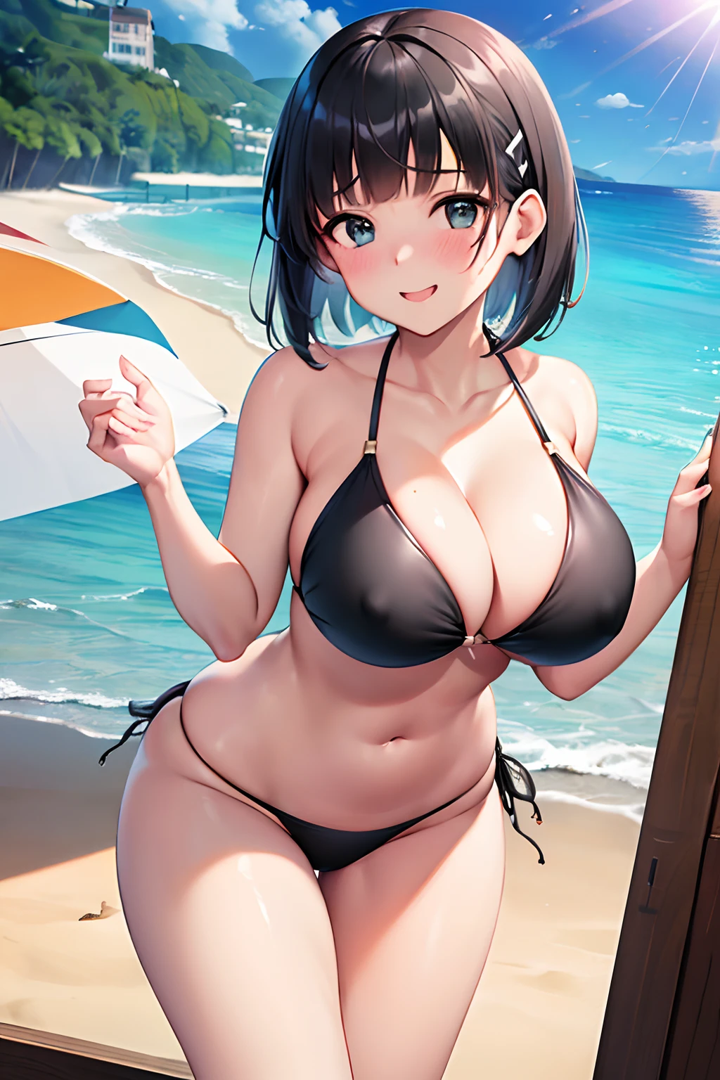 Best Quality, High resolution, Unity 8k壁纸, (Illustration:0.8), Perfect Lighting, extremely details CG, (Perfect hands, Perfect Anatomy),masutepiece, Best Quality, hight resolution, nffsw, Short hair, hair clips, Large breasts, embarrassed, Blushing, a smile, Looking at Viewer, (Black Bikini:1.3)、(the beach:1.3)、