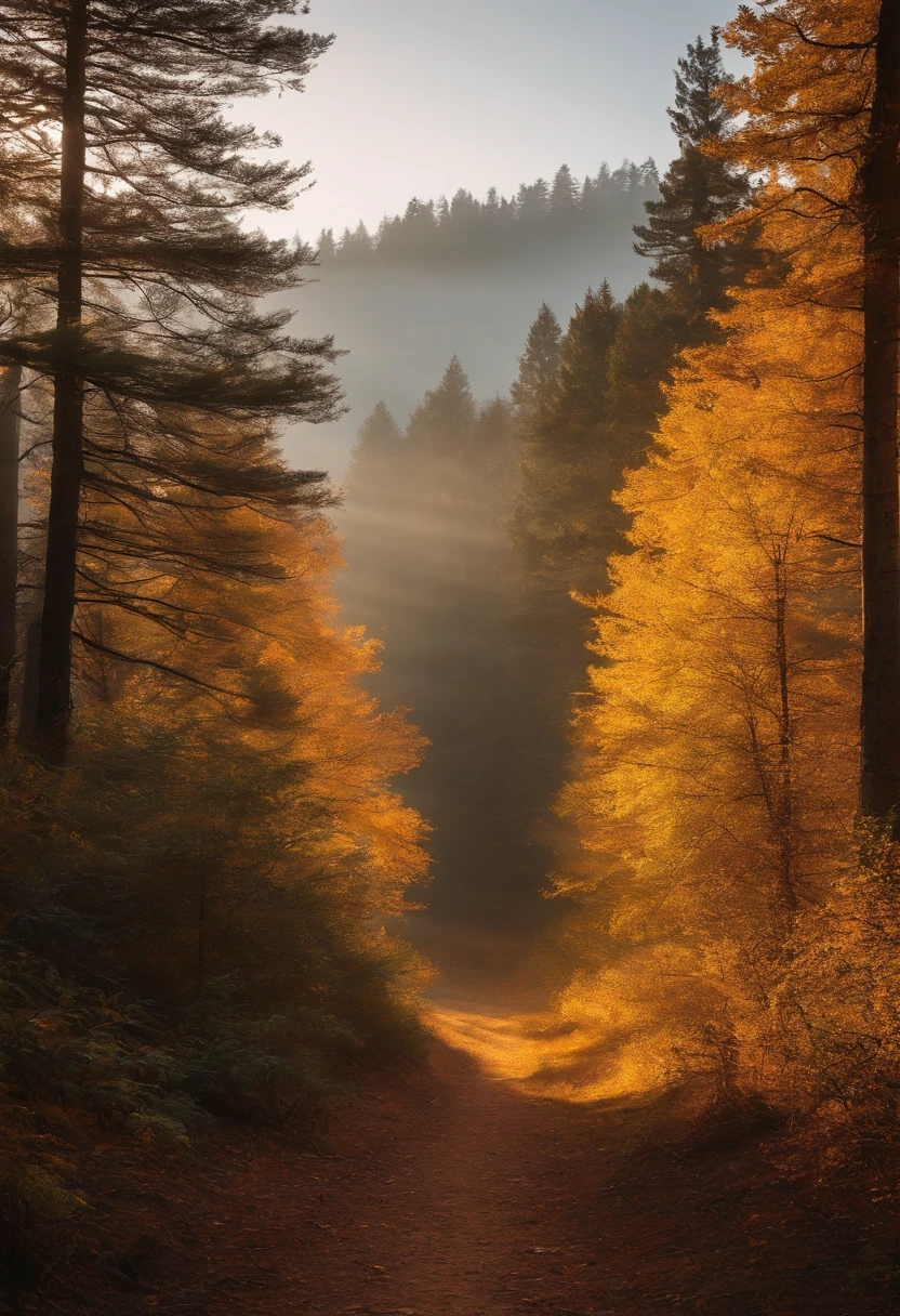 Golden pine forest，Filled with fog，Autumn morning，Faraway view，heal