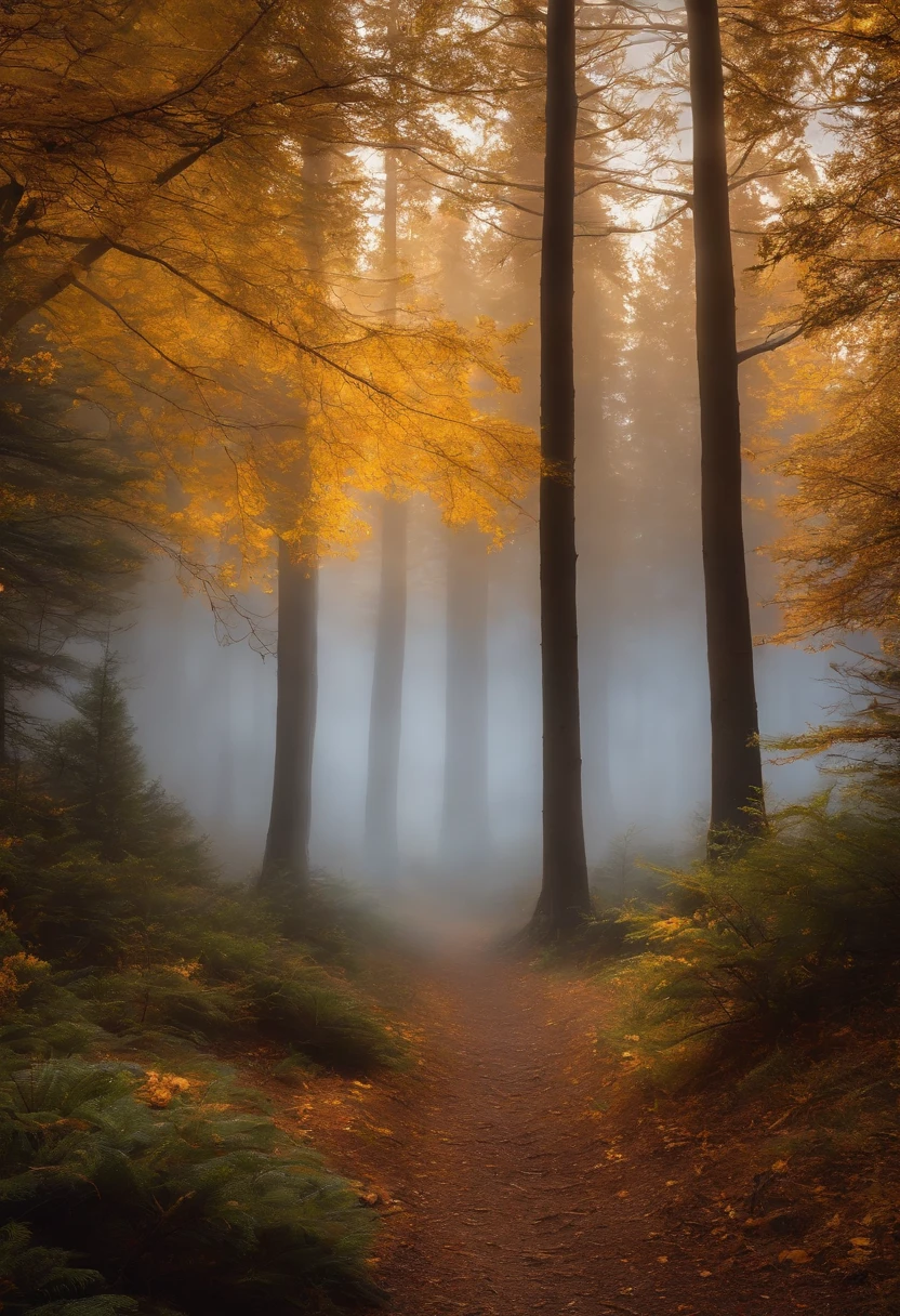 Golden pine forest,Filled with fog,Autumn morning,Faraway view,heal