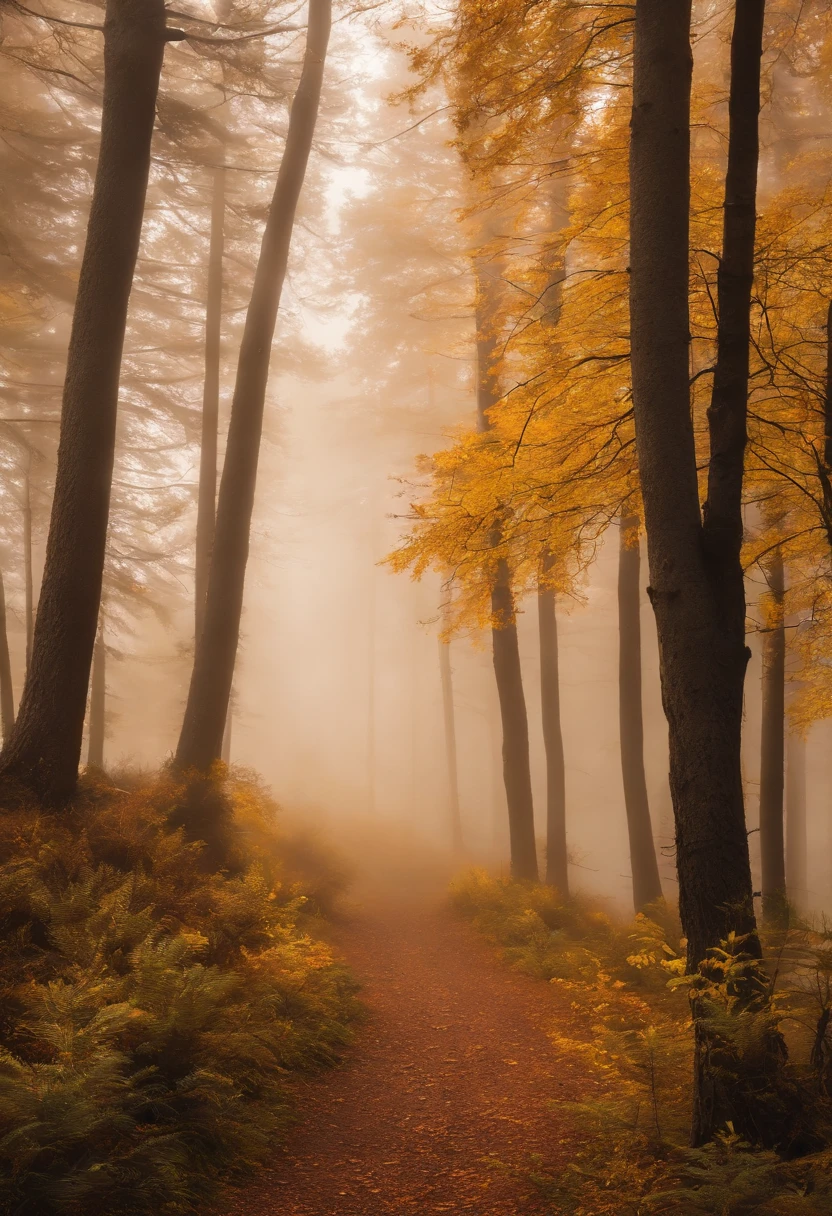 Golden pine forest,Filled with fog,Autumn morning,Faraway view,heal