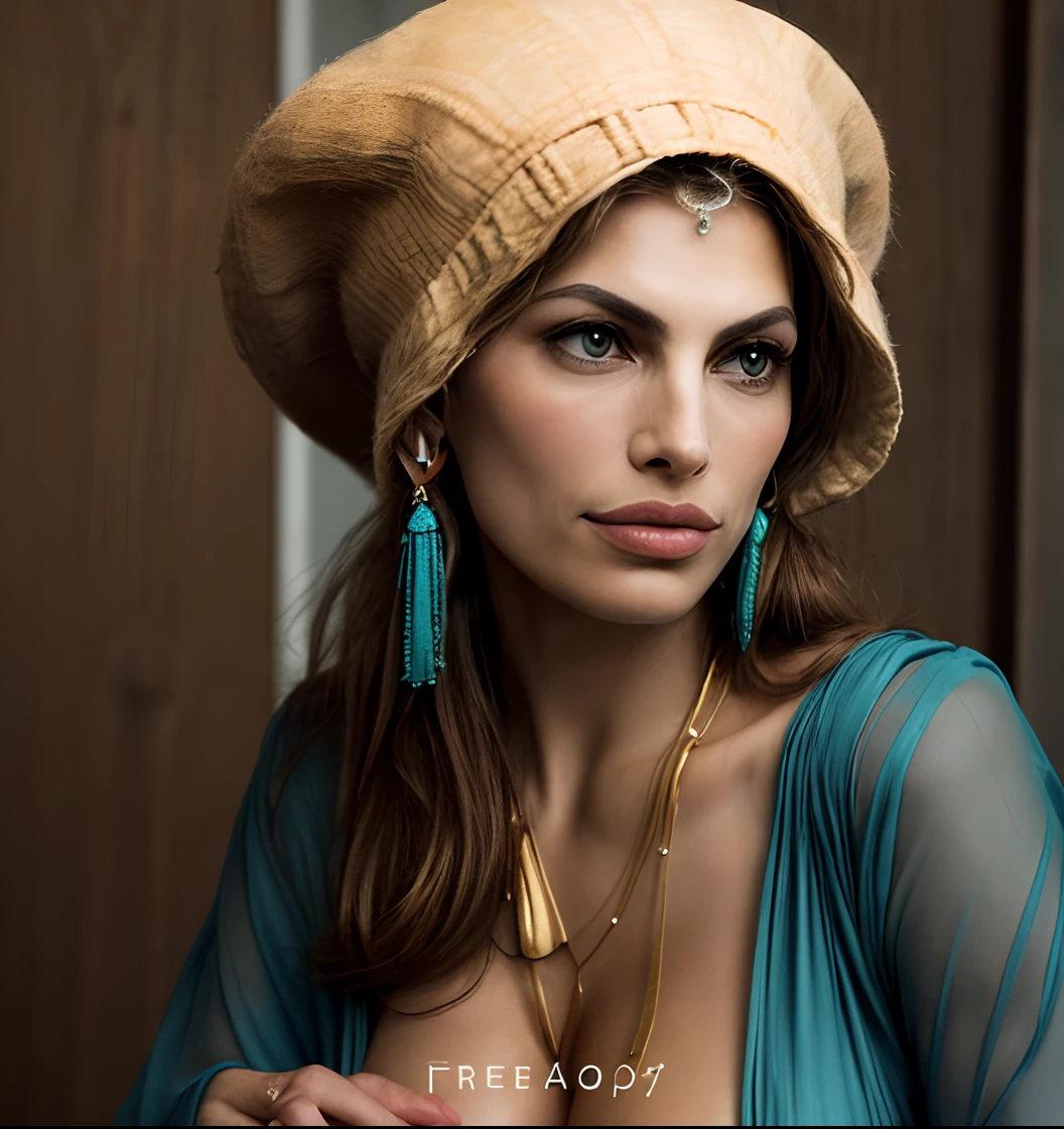 Realistisches Farbphoto einer Frau (Eva Mendes), Woman wearing turquoise dress, Kleid hat einen sehr tiefen Ausschnitt, Woman wearing a fashionable turquoise hood, Woman wearing golden jewelry (Halskette und Ohrringe), Woman has beautiful big breasts, Frau hat einen nachdenklichen sinnlichen Blick