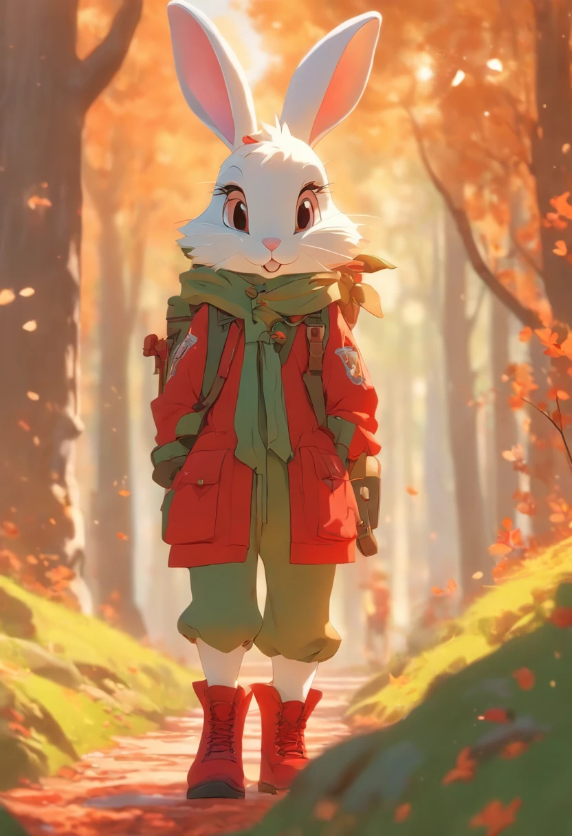 (Photograph of an adventurous little white rabbit sister standing on an autumn foliage path), ，full bodyesbian，（posterior view：1.1），（Leaning on a climbing stick），hairy, Clear and beautiful face, Transparent white paws，(Big green bright eyes), ( Binoculars hanging from her chest) ,(Wearing a green fashion adventure suit, Green fashion adventure pants)，(Red hiking boots on his feet),, (cute ears), (Red and green camping hats), (fashionable sunglasses), (Carry a green shoulder bag with you, trowels, camping equipment, A compass associated with many adventure tools,) Curious to explore expressions, Cartoon, 4D, Fox,Cartoony，（Anthropomorphic cartoon characters） ， Background: Autumn Leaf Forest Trail Red Forest, autumn forest, red illuminating fog, In a red dream, really beautiful forest, Beautiful forest, Beautiful hazy wood, Red shade spray, Breathable and beautiful trees, breath-taking beautiful trees, red fog, beautiful forests and trees, Bright but dark red, red trees, a 3D render，concept art of character,Photography,Clear facial features,A beautiful painting by Alphonse Mucha,Pixar style,Cartoon style,beatrix potter （beatrix potter） 's illustration,The work of Furuhiko,Masterpiece,Matte painting,dreamlike realism,magic realism,Dreamlike,author：Owen Blumenfeld,petra collins,author：natalia drepina,Dreamy atmosphere,Whimsical atmosphere,Ethereal atmosphere,Romantic atmosphere,illusory engine,Quixel Megascans Render,v-ray,UE5,High detail,hyper qualit,high resolution,trending on artstationh,8K16K,hyper photorealism,Faraway view， (degrees of freedom),cinema shot,Beautiful lighting, --AR 9:16 --style raw --uplight