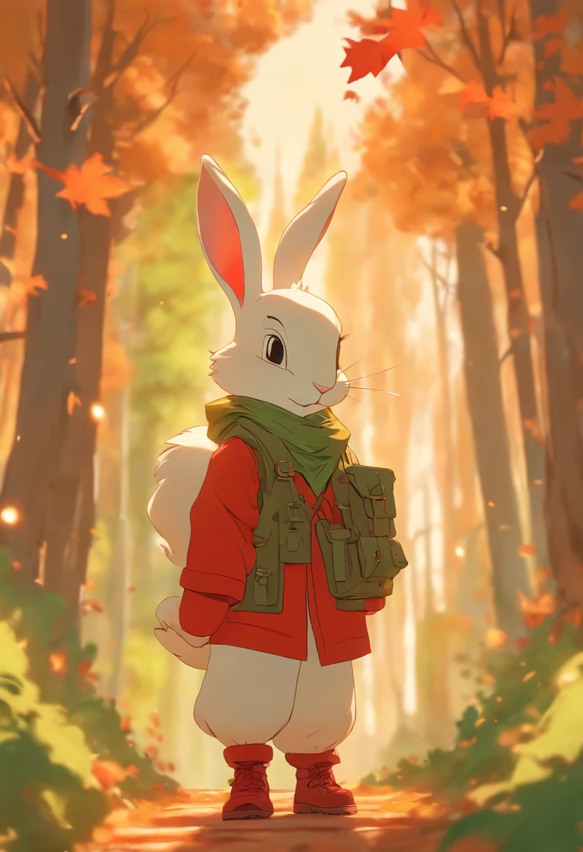 (Photograph of an adventurous little white rabbit sister standing on an autumn foliage path), ，full bodyesbian，（posterior view：1.1），（Leaning on a climbing stick），hairy, Clear and beautiful face, Transparent white paws，(Big green bright eyes), ( Binoculars hanging from her chest) ,(Wearing a green fashion adventure suit, Green fashion adventure pants)，(Red hiking boots on his feet),, (cute ears), (Red and green camping hats), (fashionable sunglasses), (Carry a green shoulder bag with you, trowels, camping equipment, A compass associated with many adventure tools,) Curious to explore expressions, Cartoon, 4D, Fox,Cartoony，（Anthropomorphic cartoon characters） ， Background: Autumn Leaf Forest Trail Red Forest, autumn forest, red illuminating fog, In a red dream, really beautiful forest, Beautiful forest, Beautiful hazy wood, Red shade spray, Breathable and beautiful trees, breath-taking beautiful trees, red fog, beautiful forests and trees, Bright but dark red, red trees, a 3D render，concept art of character,Photography,Clear facial features,A beautiful painting by Alphonse Mucha,Pixar style,Cartoon style,beatrix potter （beatrix potter） 's illustration,The work of Furuhiko,Masterpiece,Matte painting,dreamlike realism,magic realism,Dreamlike,author：Owen Blumenfeld,petra collins,author：natalia drepina,Dreamy atmosphere,Whimsical atmosphere,Ethereal atmosphere,Romantic atmosphere,illusory engine,Quixel Megascans Render,v-ray,UE5,High detail,hyper qualit,high resolution,trending on artstationh,8K16K,hyper photorealism,Faraway view， (degrees of freedom),cinema shot,Beautiful lighting, --AR 9:16 --style raw --uplight