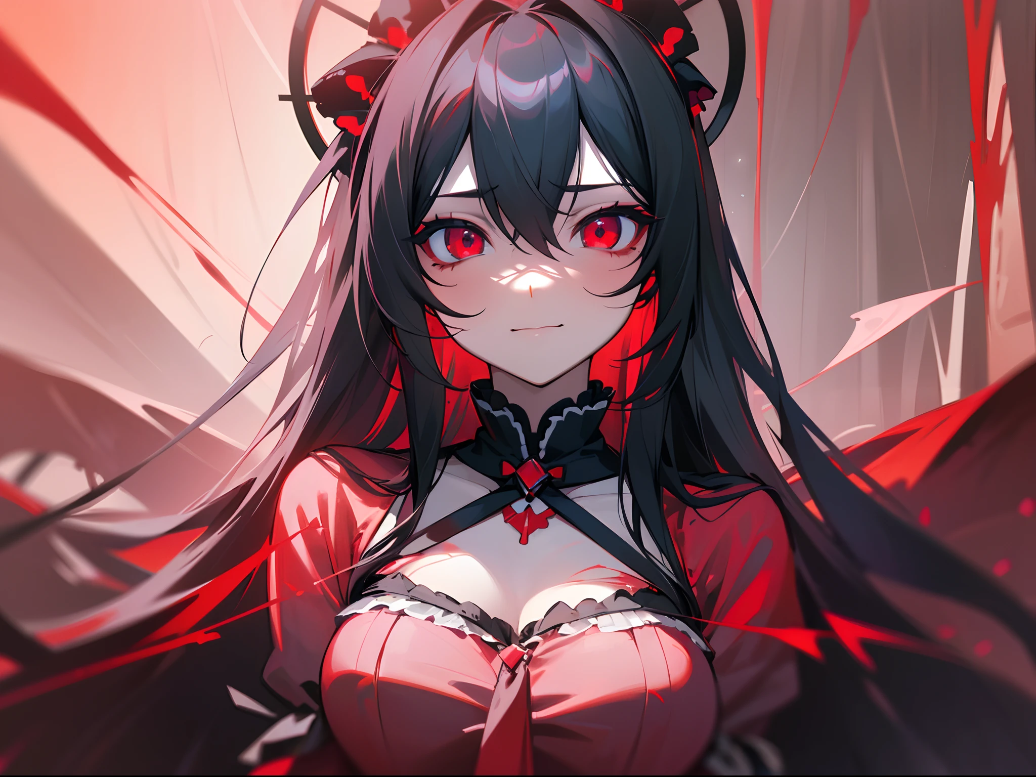 Rias,(masterpiece, best quality, expressive eyes, perfect face 8k, 1girl red eyes long hair black hair black lolita yandere smile red light dark light, look at view empty eyes hand at face blood at face --auto --s2