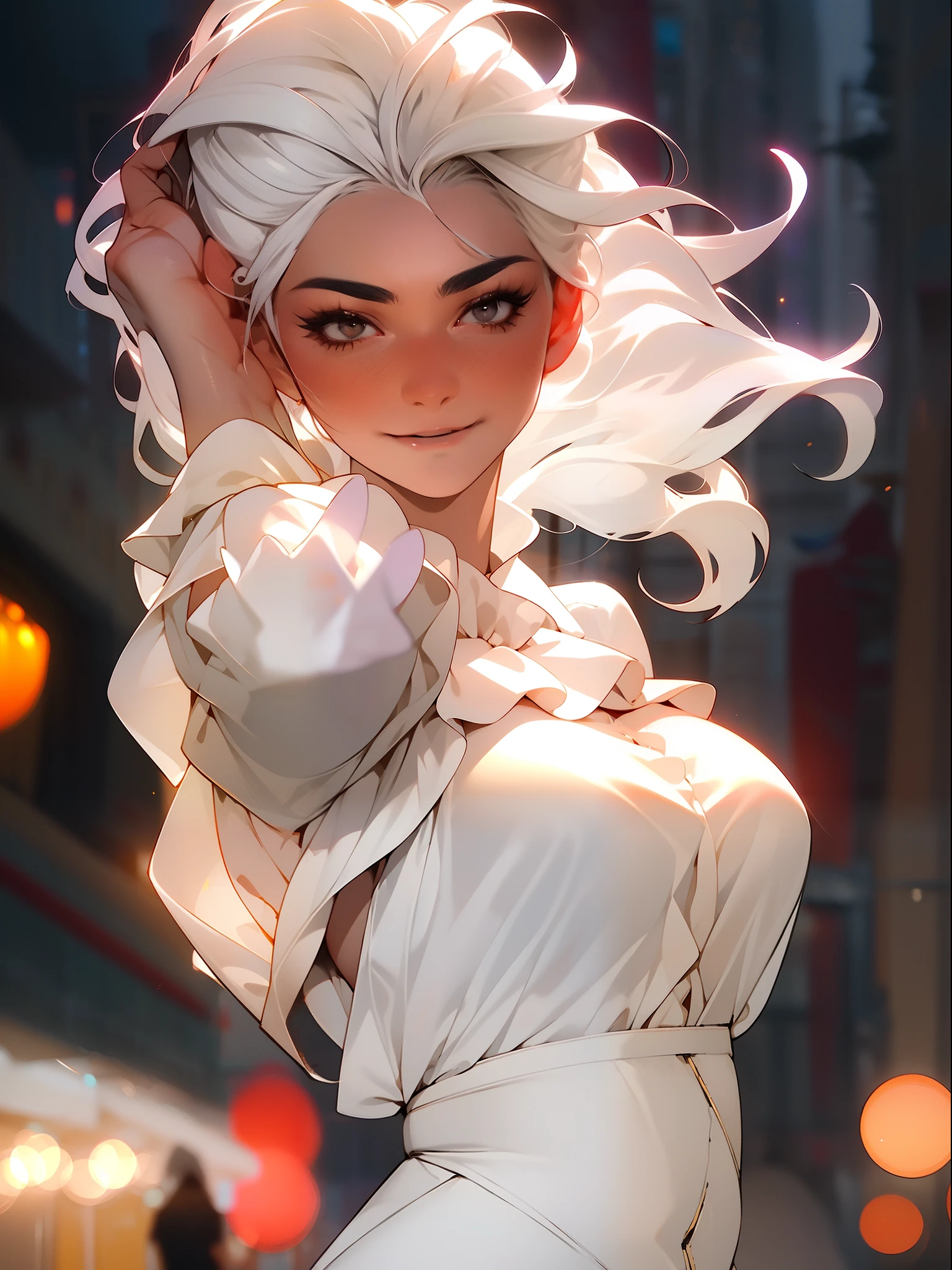 best quality, photorealistic, 8k, high res, 1girl, woman,(skindentation), (large breast), (professional lighting, bokeh), (street), (people, crowds:0.6), market, (night:1.2),(white hair:2.0), (blouse:1.5), (portait:0.6), gorgeous, bloom, (floating hair),(light particles, lens flare, glowing particles:0.6), (dynamic pose:1.2), soft lighting,