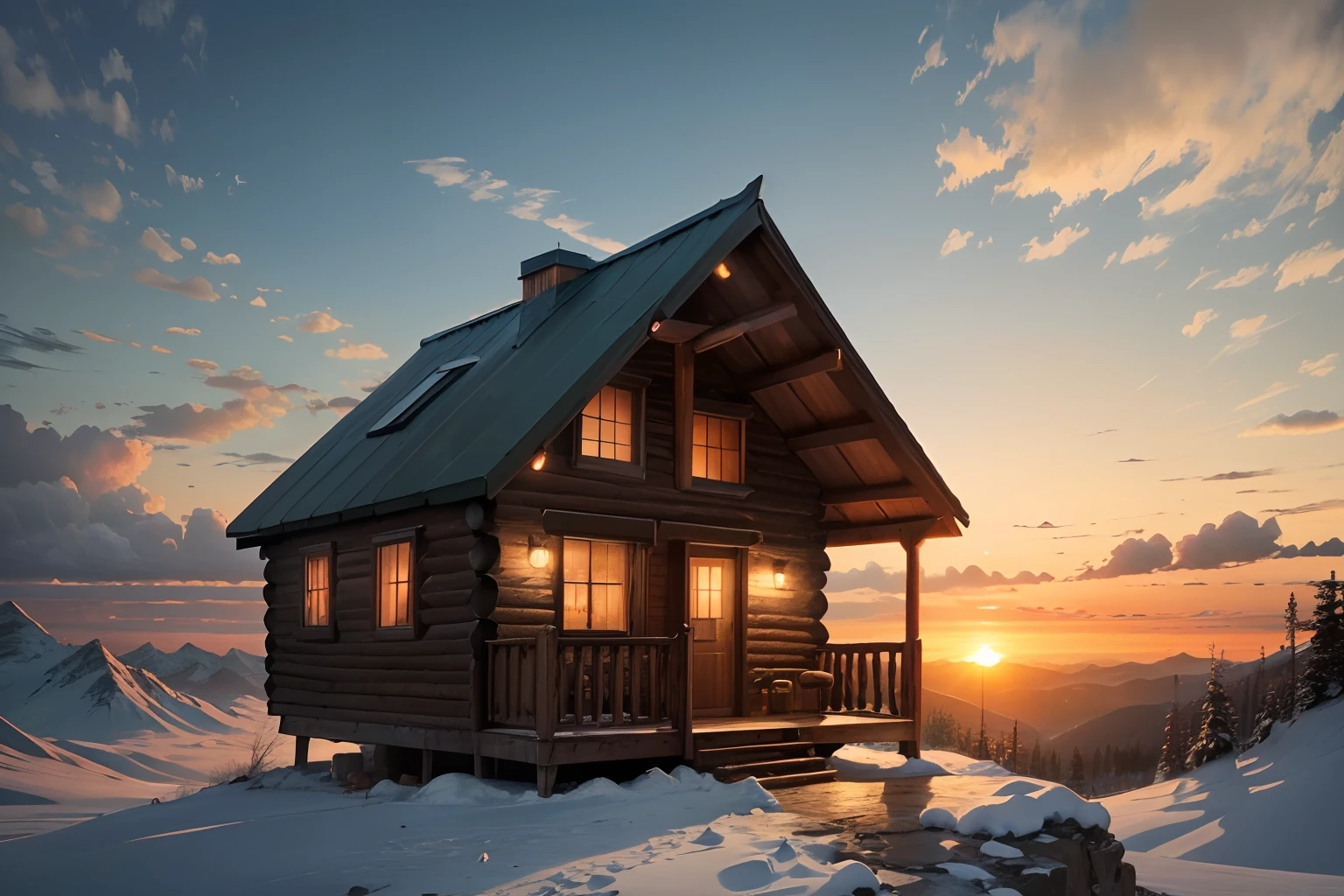 masterpiece, best quality, a cabin on a top of a mountain, sunsets,