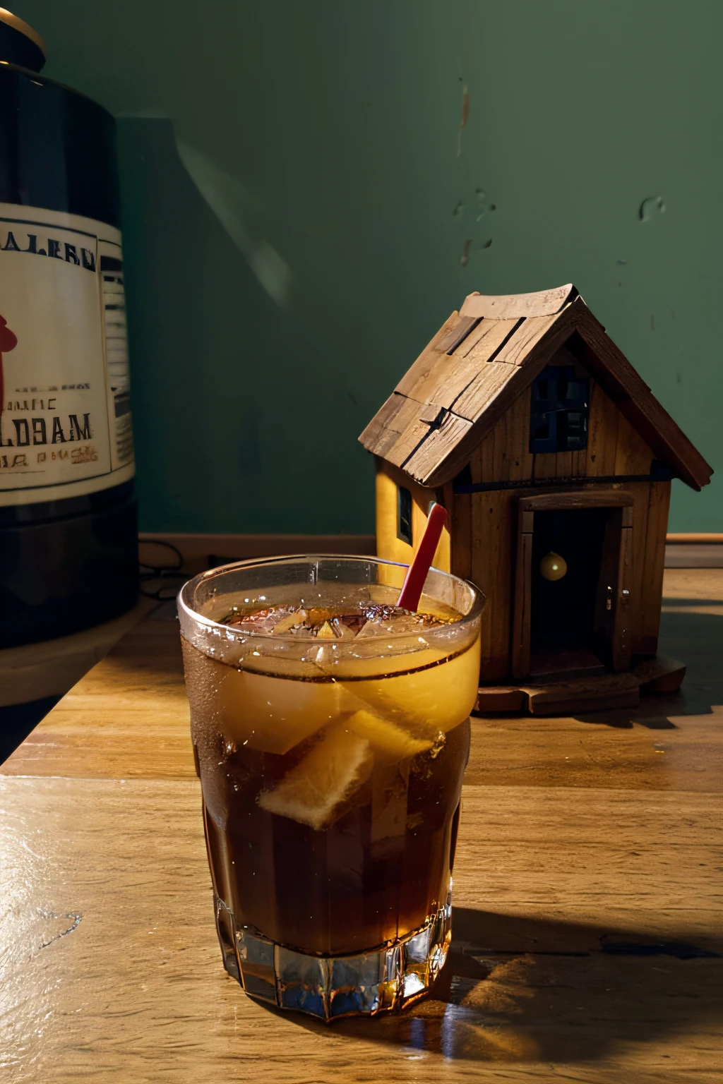 A cubalibre drink by a videogame joystick with a tiny little funny house by it's side.