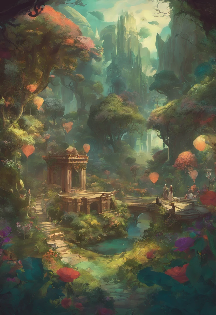 Design an epic artwork showcasing models from diverse backgrounds gathering in a surreal dreamscape. Incorporate themes of unity, connection, and cultural diversity, with the lush garden symbolizing the shared human experience of dreaming.