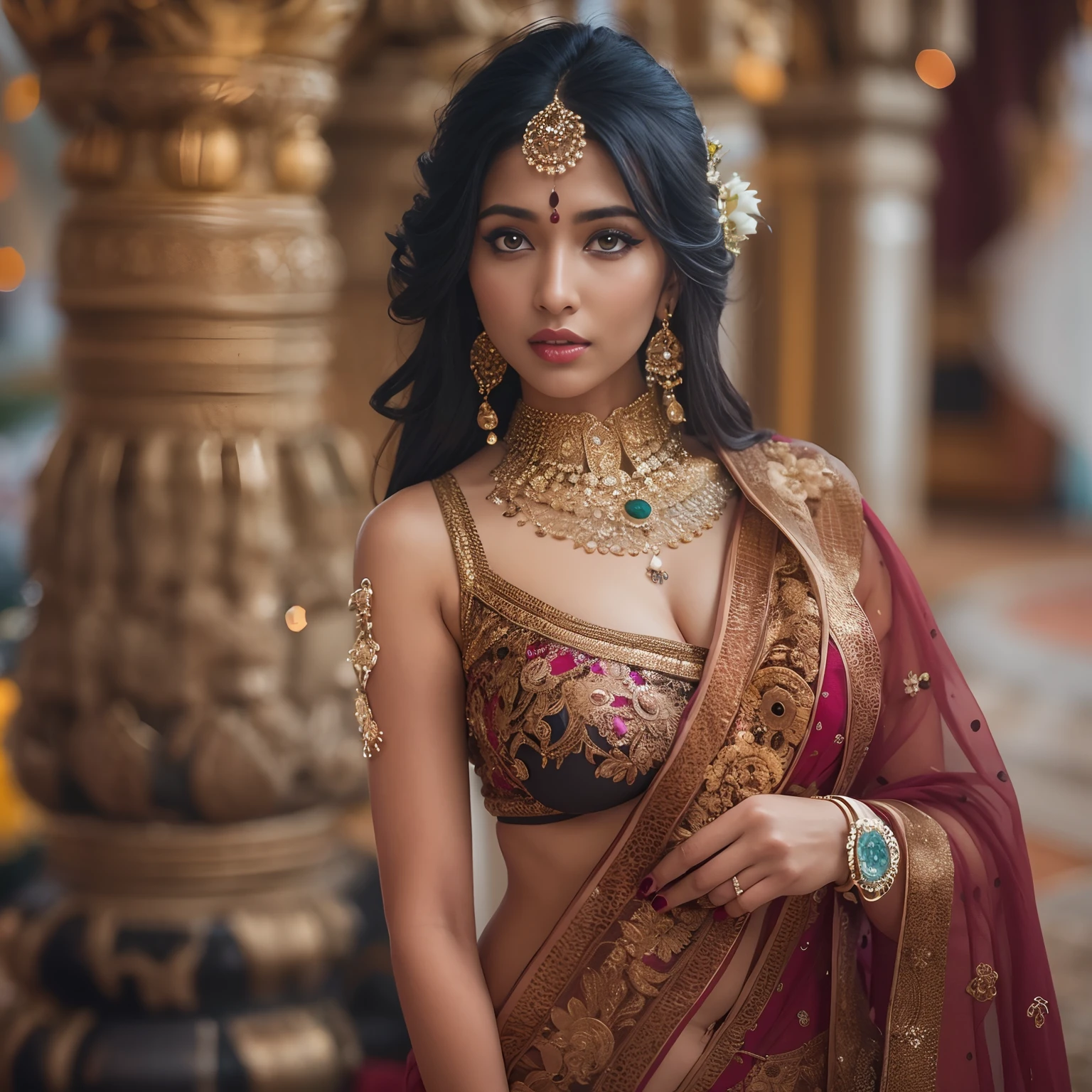 a woman in a sari posing for a picture, indian goddess, traditional beauty, indian, beautiful goddess, ornate cosplay, indian style, indian super model, beautiful maiden, gorgeous woman, south east asian with long, provocative indian, gorgeous beautiful woman, intricate outfit, hindu aesthetic, beautiful asian girl, extremely detailed goddess shot, jaw-dropping beauty, big boobs deep cleavage sexy navel