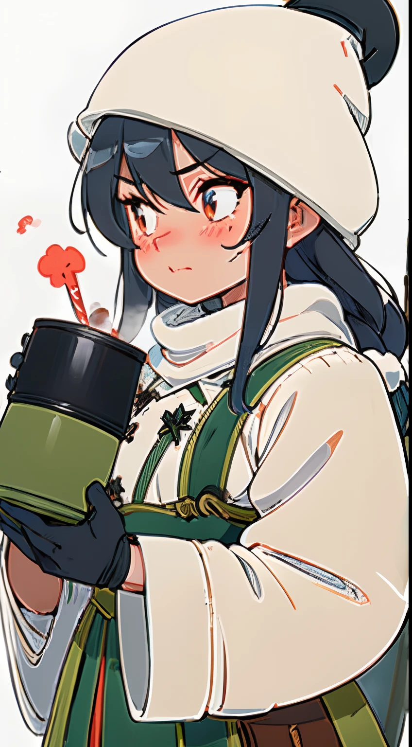(​masterpiece、top-quality)、1girl、intricate-detail、One lady。Winter hats for the military。Military fur cloak。Thick gloves。Shrug your shoulders coldly。Sip steaming coffee from a mug beside a retro-style battle tank。He stares ahead with a grim expression。It's snowing。Upper body portrait。The background is a snow-covered coniferous forest。
