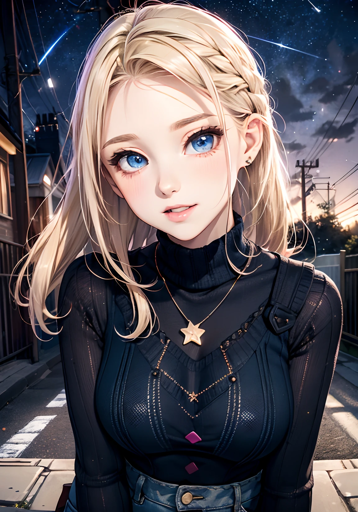 absurderes, ultra-detailliert,bright colour,(At 8K:1.3),masuter piece,extremely beautiful detailed face and eyes,8K,(Deep Blue Eyes:1.2),(Loose Size Pink Argyle Knit:1.4),(Short denim:1.2),Cute smile、Synchrosis Necklace、Stylish bracelets,Inside the boutique,(Full body:1.2)   X-Hair,Aurora、city light、constellation、Crescent,intergalactic,lamp post, Particles of light,  milkyway, natta, nigh sky, outside of house, planetes, Power lines, shooting stars,  Skysky, Skyscraper, 独奏、Stargazing,Star_\(skyporn\)、starrysky、Winters、(Smooth straight blonde hair:1.3), (Shiny hair:1.2), Delicate beautiful face, red blush、
