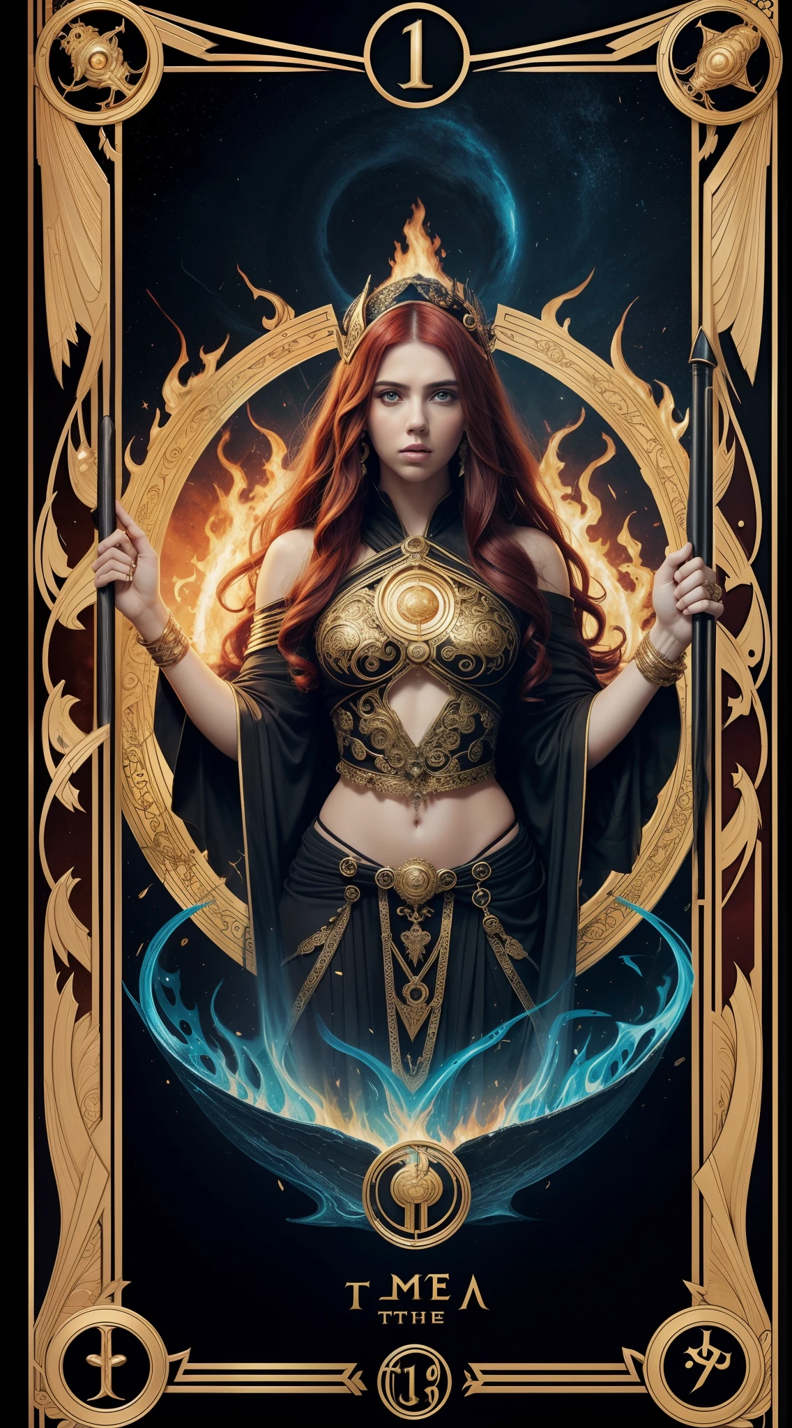 tarot cards，Full tarot border，(The image is surrounded by a tarot card-style border:1.8), (Elongated head)scarlettJohansson （Scarlett Johansson） A portrait of a 32-year-old，，Hades，（Wearing：black toga，Armed with a giant scythe，），Great giants，angry look，(Hairstyles: with curly red hair，)，Roman mythology，8k wallpaper,finely quality eyes，Right eyes，correct hand， Ultra-detailed, Beautiful and aesthetically pleasing, tmasterpiece, best qualityer, (s fractal art: 1.3), erupting volcano, extremely detaile, dynamic angle, Cowboy shot, The most beautiful forms of chaos, elegant, Fauvistdesign, vivd colour, romanticism lain, hell, Buble, shells, Blood, pearls，magma,火焰, Libra, skulls, Hold the giant scythe，Vintage style，（zentangle，datura，Tangles，entangled）， (s fractal art: 1.3)，holy rays，gold foil，Gold leaf art，glitter drawing，Full tarot border，（Full border 1.5），Fang Yi，（The border is centered at 1.8），delicated face，Correct body structure，(theelementoffire:1.4),Composed of fire elements，Highly realistic,posing elegantly,Transparency,Sci-fi lighting effects,dress,Flame,hoang lap，climaxing，by looking down from above，