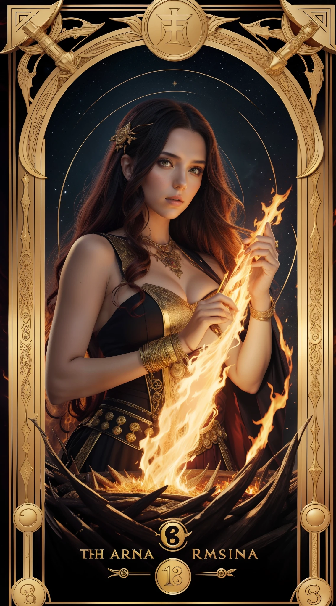 tarot cards，Full tarot border，(The image is surrounded by a tarot card-style border:1.8), (Elongated head)scarlettJohansson （Scarlett Johansson） Portrait of a 32-year-old，Hades，（Wearing：black toga，Armed with a giant scythe，），(Hairstyles: with curly red hair，(theelementoffire:1.4),Composed of fire elements，)，Roman mythology，8k wallpaper,finely quality eyes，Right eyes，correct hand， Ultra-detailed, Beautiful and aesthetically pleasing, tmasterpiece, best qualityer, (s fractal art: 1.3), erupting volcano, extremely detaile, dynamic angle, Cowboy shot, The most beautiful forms of chaos, elegant, Fauvistdesign, vivd colour, romanticism lain, hell, Buble, shells, Blood, pearls，magma,火焰, Libra, skulls, Hold the giant scythe，Vintage style，（zentangle，datura，Tangles，entangled）， (s fractal art: 1.3)，holy rays，,Flame，gold foil，Gold leaf art，glitter drawing，Full tarot border，（Full border 1.5），Fang Yi，（The border is centered at 1.8），delicated face，Correct body structure，Highly realistic,posing elegantly，