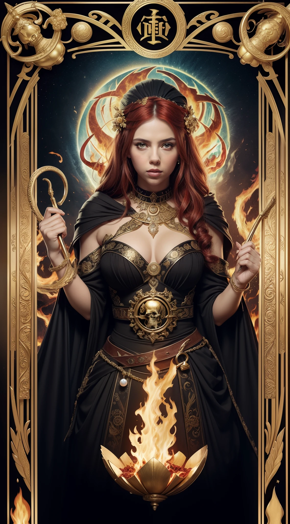 tarot cards，Full tarot border，(The image is surrounded by a tarot card-style border:1.8), (Elongated head)scarlettJohansson （Scarlett Johansson） Portrait of a 32-year-old，Hades，（Wearing：black toga，Armed with a giant scythe，），(Hairstyles: with curly red hair，(theelementoffire:1.4),Composed of fire elements，)，Roman mythology，8k wallpaper,finely quality eyes，Right eyes，correct hand， Ultra-detailed, Beautiful and aesthetically pleasing, tmasterpiece, best qualityer, (s fractal art: 1.3), erupting volcano, extremely detaile, dynamic angle, Cowboy shot, The most beautiful forms of chaos, elegant, Fauvistdesign, vivd colour, romanticism lain, hell, Buble, shells, Blood, pearls，magma,火焰, Libra, skulls, Hold the giant scythe，Vintage style，（zentangle，datura，Tangles，entangled）， (s fractal art: 1.3)，holy rays，,Flame，gold foil，Gold leaf art，glitter drawing，Full tarot border，（Full border 1.5），Fang Yi，（The border is centered at 1.8），delicated face，Correct body structure，Highly realistic,posing elegantly，