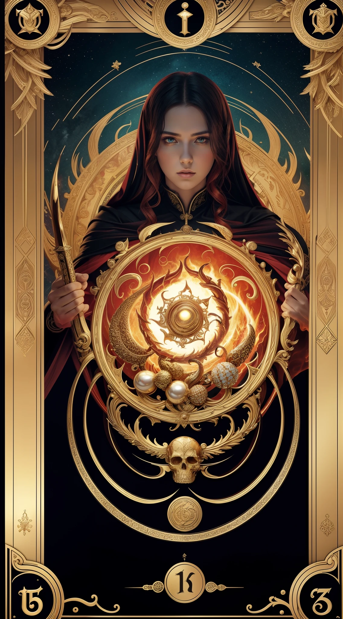 tarot cards，Full tarot border，(The image is surrounded by a tarot card-style border:1.8), (Elongated head)scarlettJohansson （Scarlett Johansson） Portrait of a 32-year-old，Hades，（Wearing：black toga，Armed with a giant scythe，），(Hairstyles: with curly red hair，(theelementoffire:1.4),Composed of fire elements，)，Roman mythology，8k wallpaper,finely quality eyes，Right eyes，correct hand， Ultra-detailed, Beautiful and aesthetically pleasing, tmasterpiece, best qualityer, (s fractal art: 1.3), erupting volcano, extremely detaile, dynamic angle, Cowboy shot, The most beautiful forms of chaos, elegant, Fauvistdesign, vivd colour, romanticism lain, hell, Buble, shells, Blood, pearls，magma,火焰, Libra, skulls, Hold the giant scythe，Vintage style，（zentangle，datura，Tangles，entangled）， (s fractal art: 1.3)，holy rays，,Flame，gold foil，Gold leaf art，glitter drawing，Full tarot border，（Full border 1.5），Fang Yi，（The border is centered at 1.8），delicated face，Correct body structure，Highly realistic,posing elegantly，