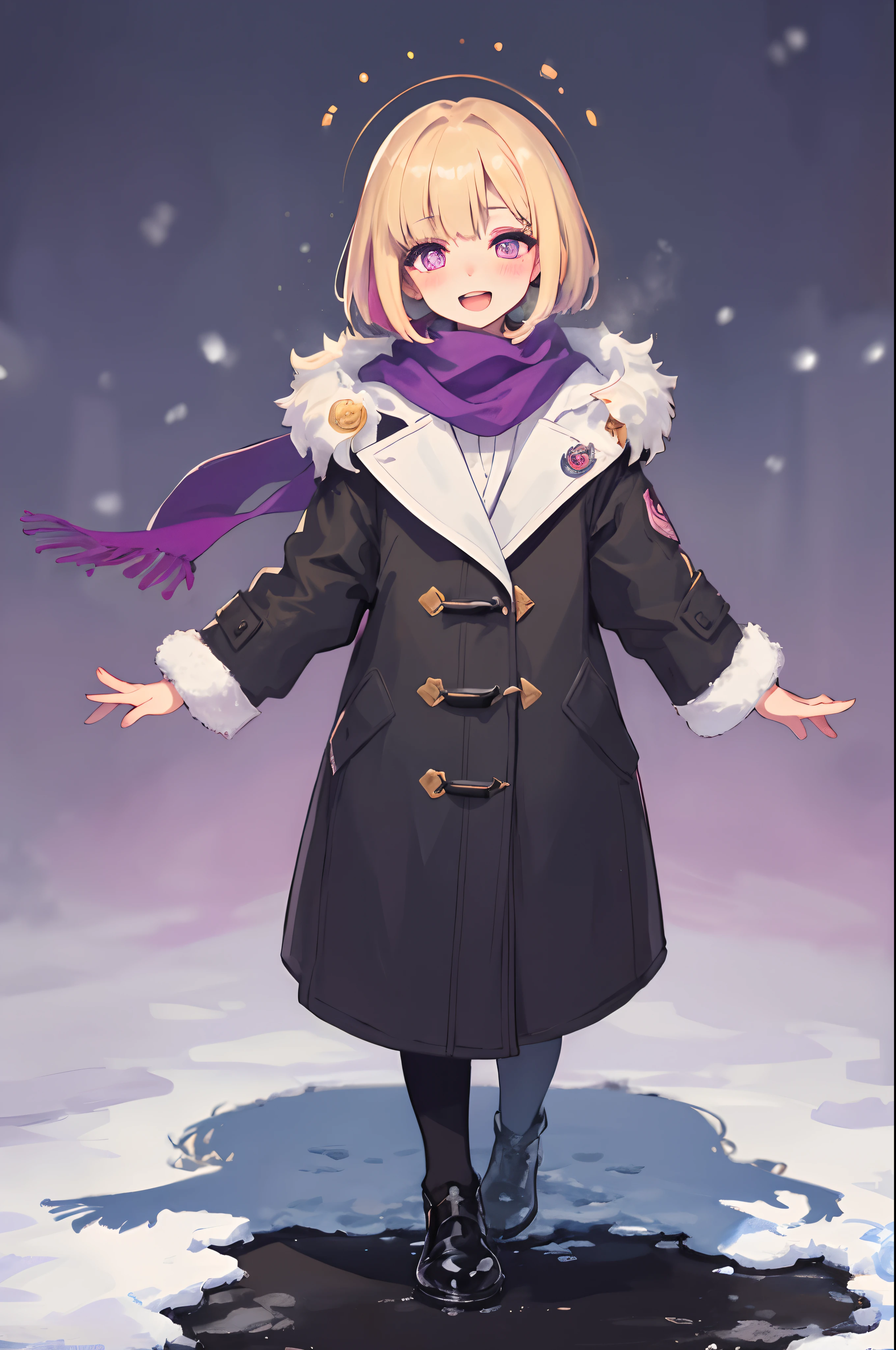 Original Character, Volumetric Lighting, Best Shadows, Shallow Depth of Field, Portrait Of Stunningly Beautiful Girl, "Petite", Delicate Beautiful Attractive Face With Alluring Purple Eyes, Broadly Smiling, Open Mouth, short bob Blond Hair, Blush Eye shadow, Thick Eyelashes, winter, coat, scarf, full body shot, (Highest Quality, Amazing Details:1.25), (Solo:1.3), Brilliant Colorful Paintings
